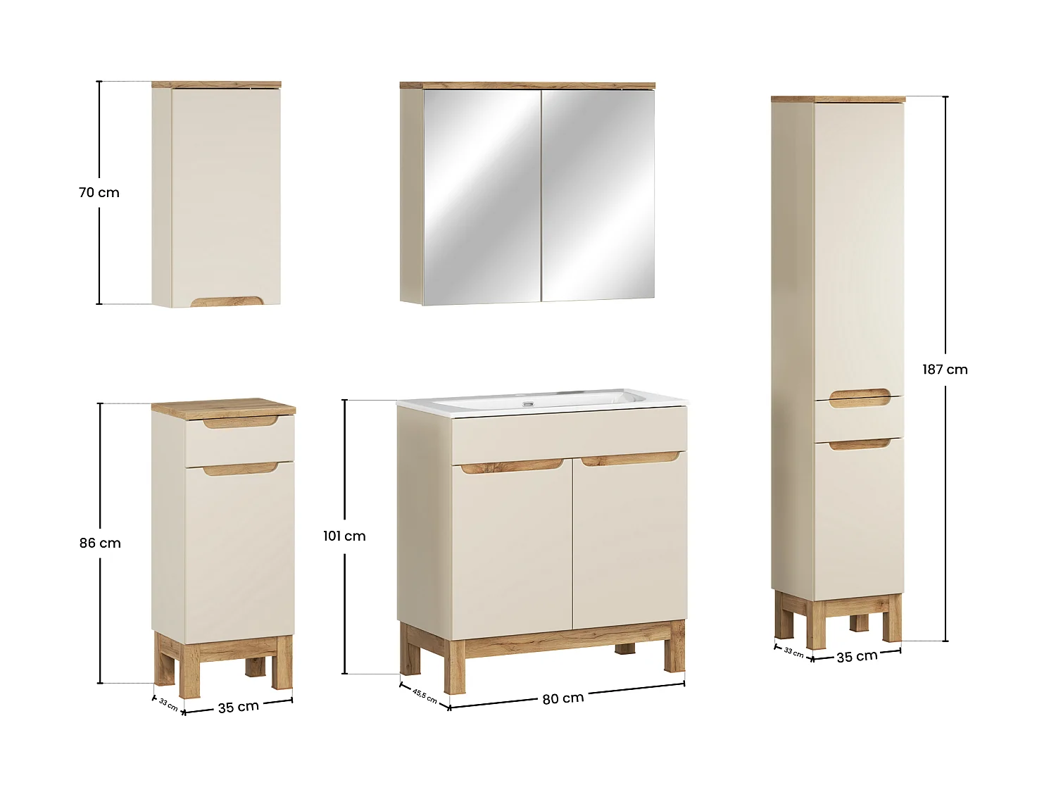 Ensemble de meubles Bali Cashmere 80cm avec lavabo de meuble SKY, armoire haute, armoire basse et armoire avec miroir