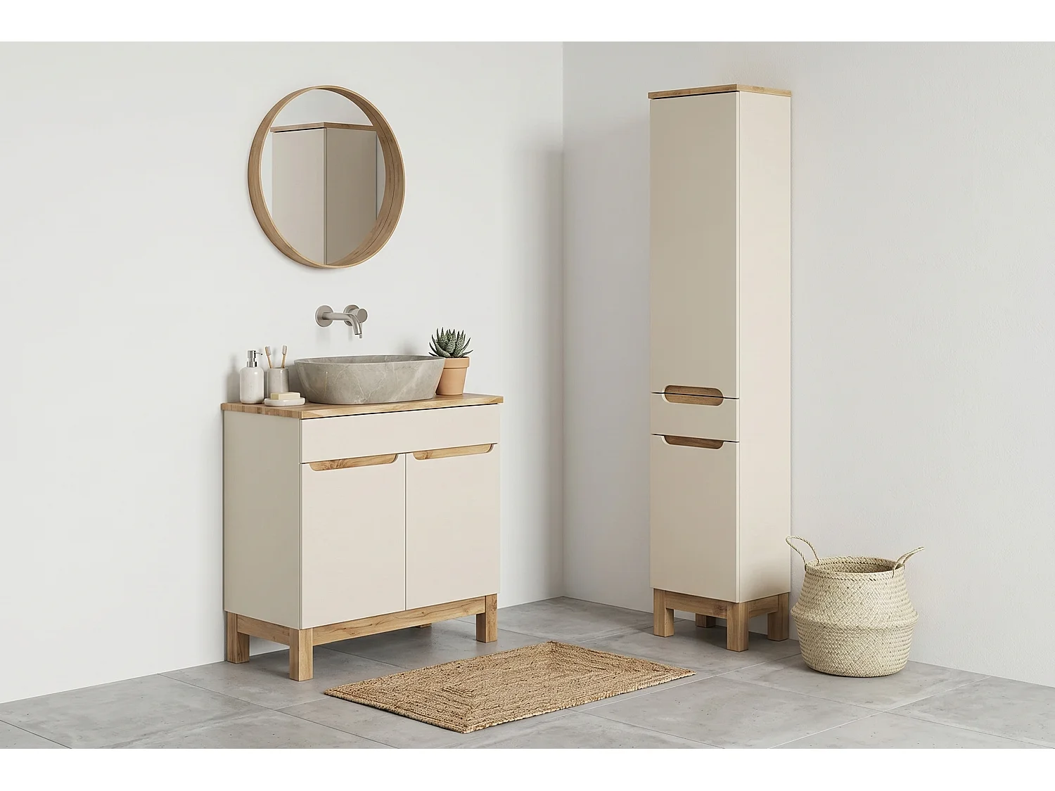 Ensemble de meubles Bali Cashmere 80cm avec plan de travail, lavabo à poser Anna et armoire haute