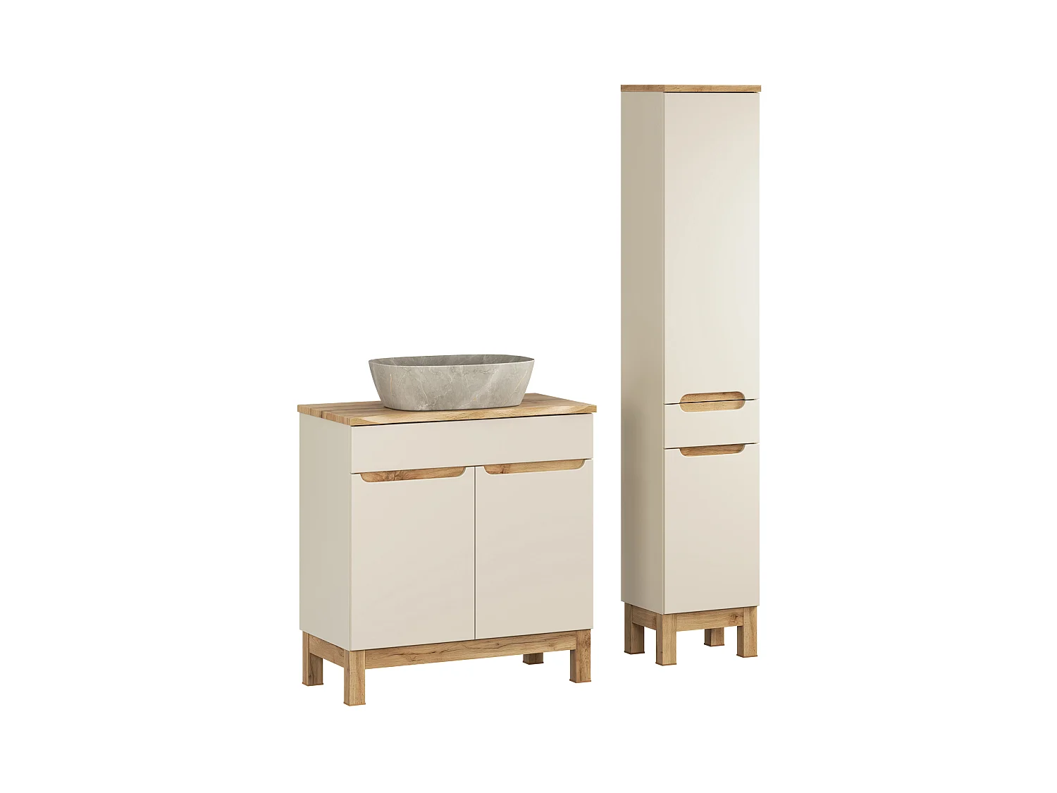 Ensemble de meubles Bali Cashmere 80cm avec plan de travail, lavabo à poser Anna et armoire haute