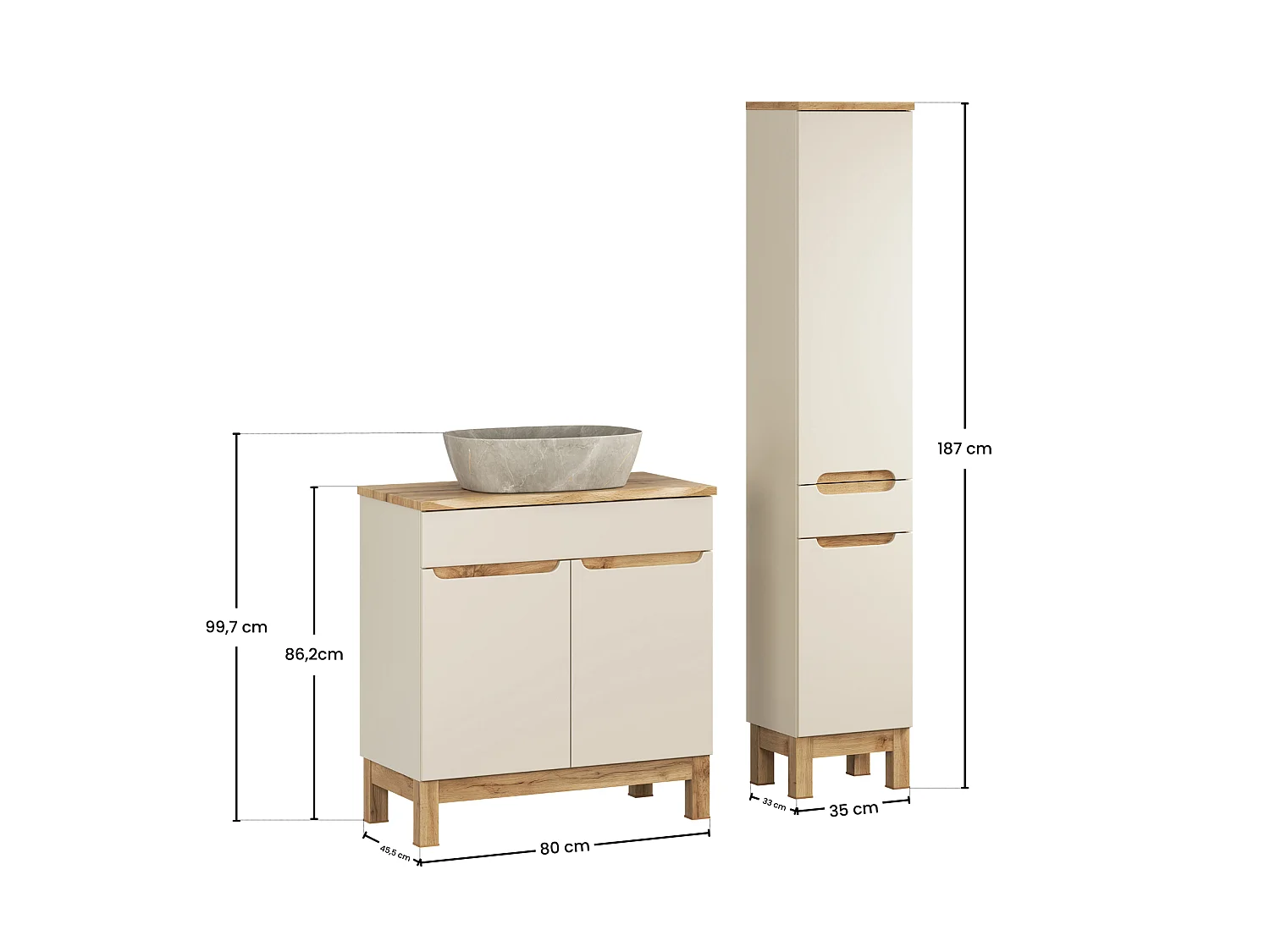 Ensemble de meubles Bali Cashmere 80cm avec plan de travail, lavabo à poser Anna et armoire haute