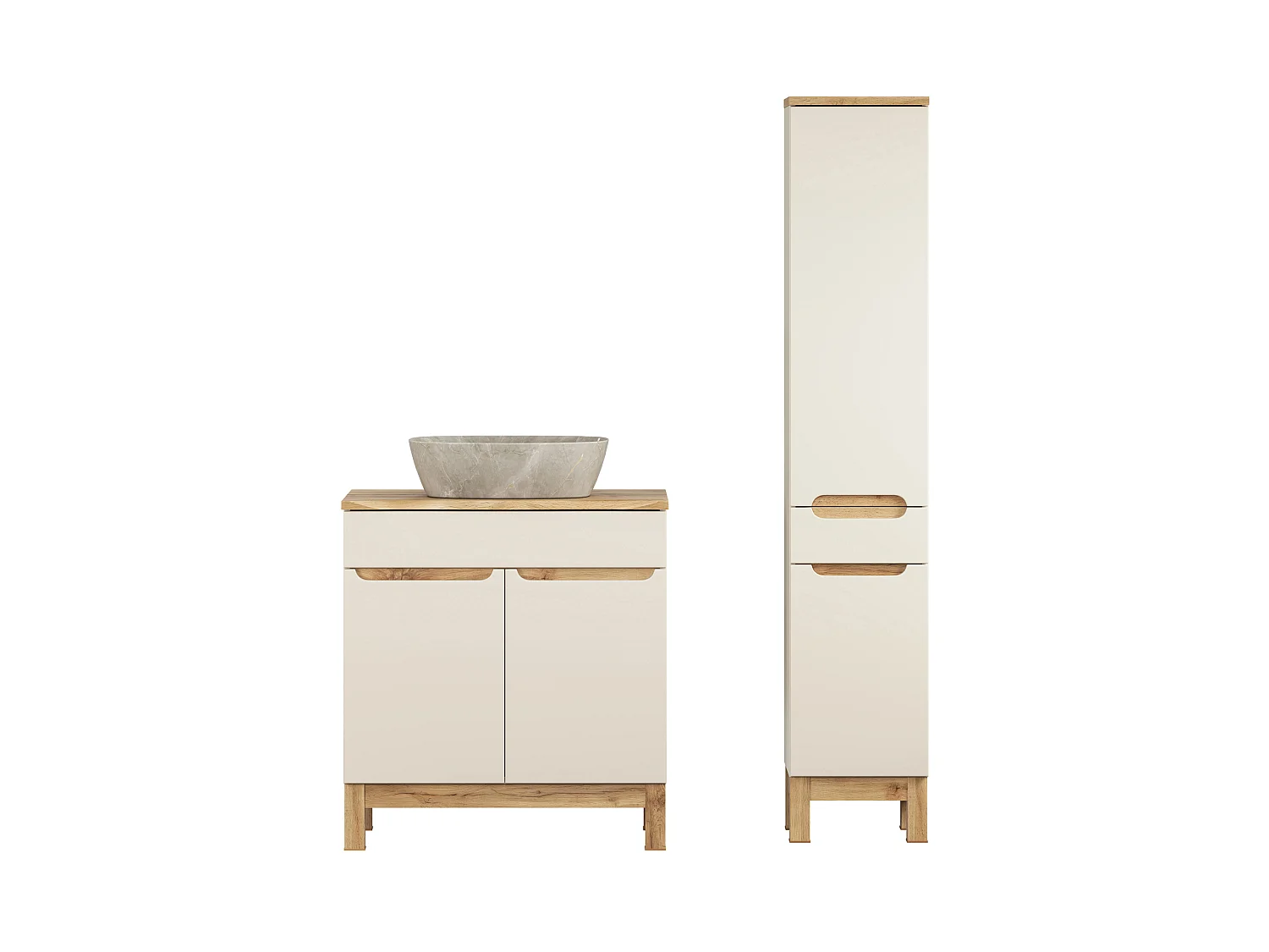 Ensemble de meubles Bali Cashmere 80cm avec plan de travail, lavabo à poser Anna et armoire haute