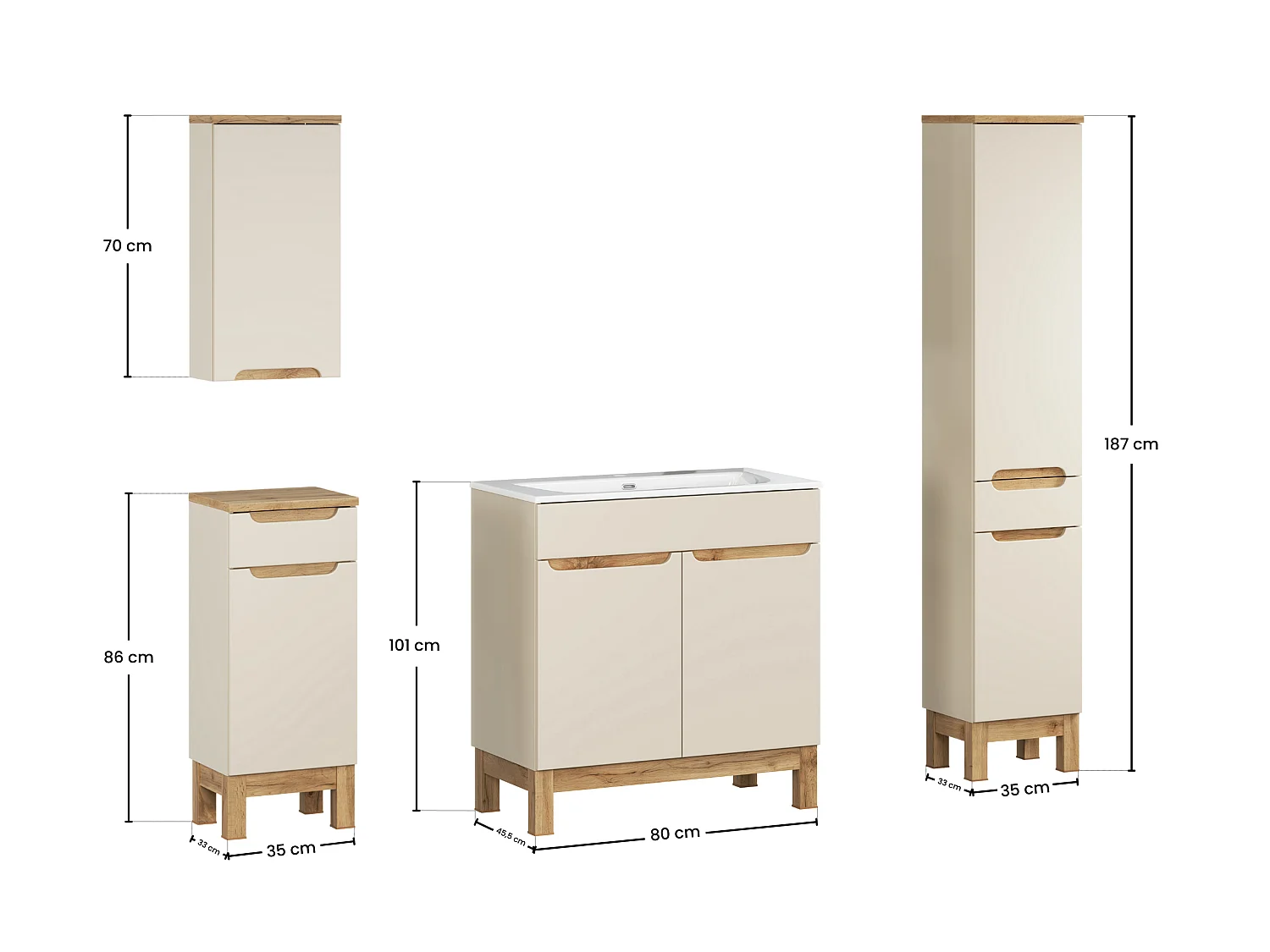 Set di mobili Bali Cashmere 80cm con lavabo SKY, armadio alto e armadio basso