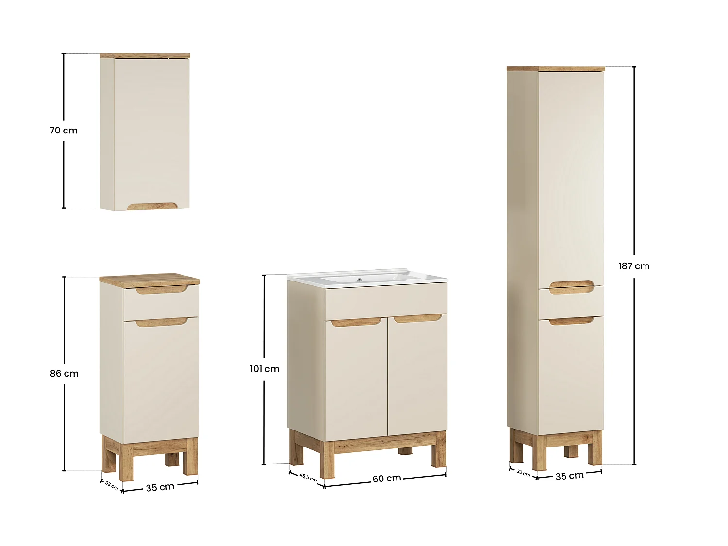 Conjunto de muebles Bali Cashmere 60cm con lavabo de mueble Lava, armario alto y armario bajo