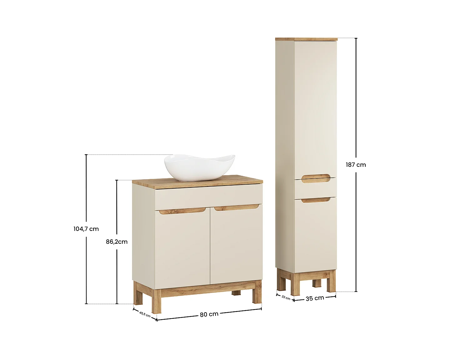Set di mobili Bali Cashmere 80cm con piano, lavabo Cloud e armadio alto