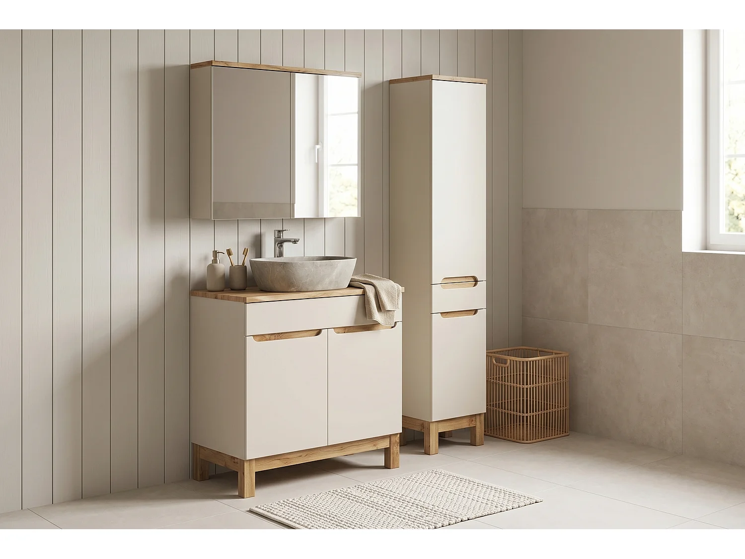 Conjunto de muebles Bali Cashmere 80cm con encimera y lavabo sobre encimera Anna