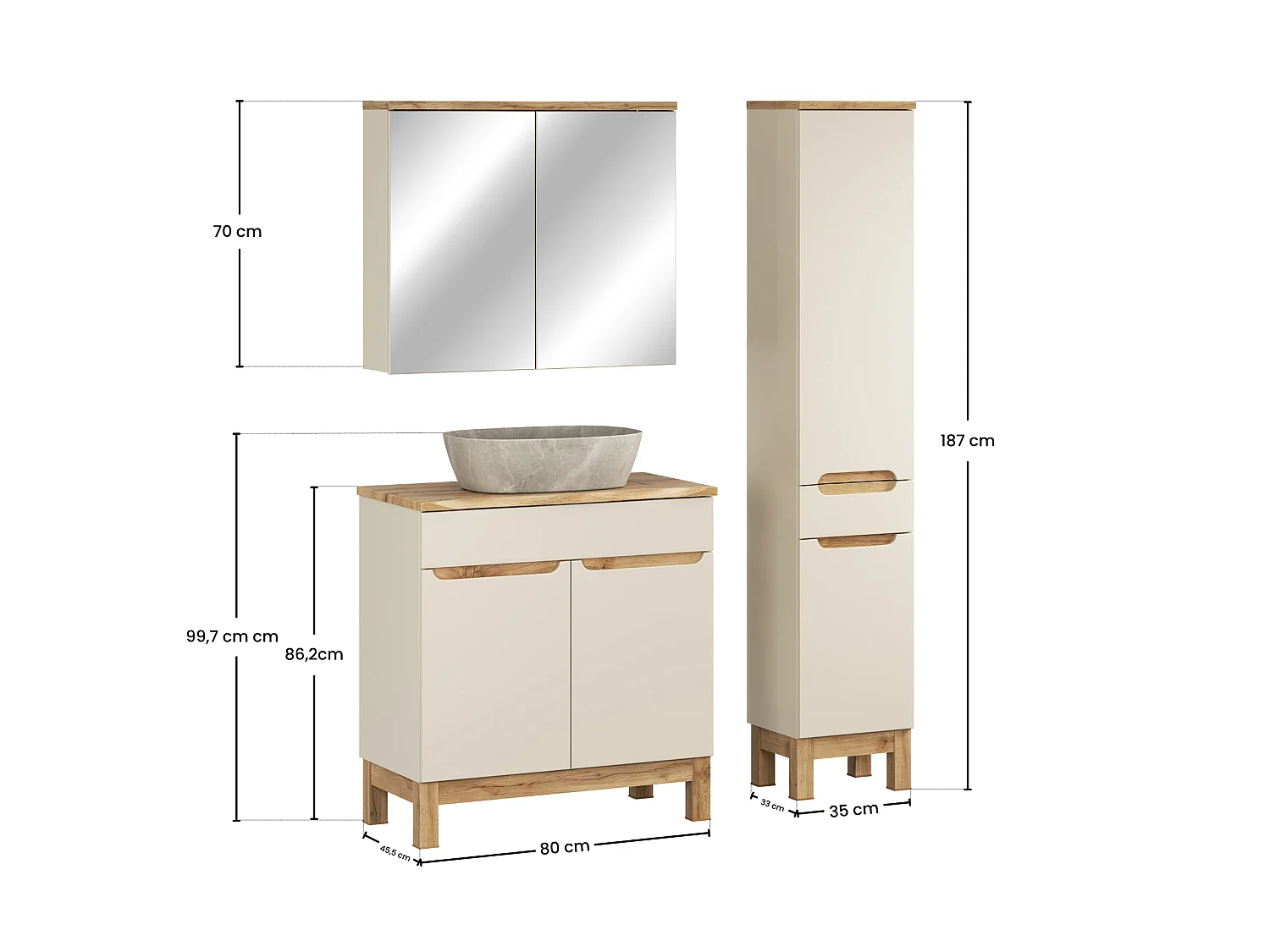 Conjunto de muebles Bali Cashmere 80cm con encimera y lavabo sobre encimera Anna