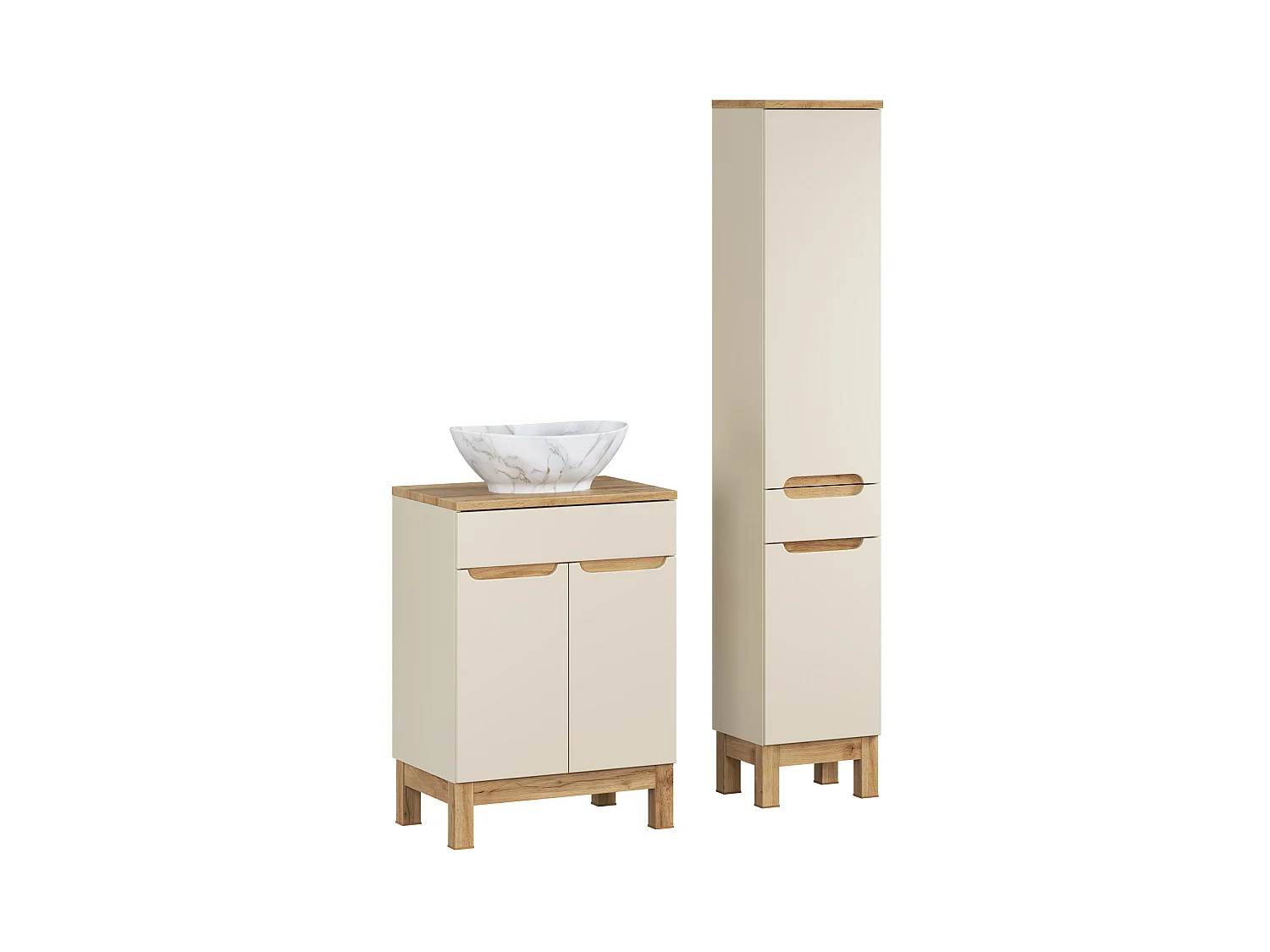 Ensemble de meubles Bali Cashmere 60cm avec plan de travail, lavabo à poser Pati et armoire haute