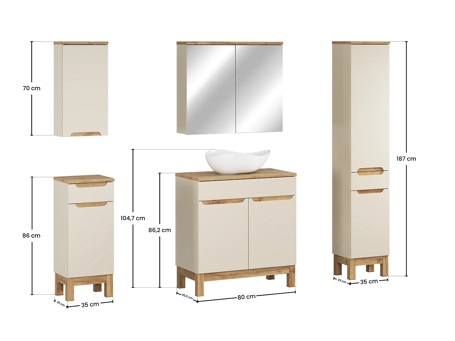 Set di mobili Bali Cashmere 80cm con piano e lavabo Cloud