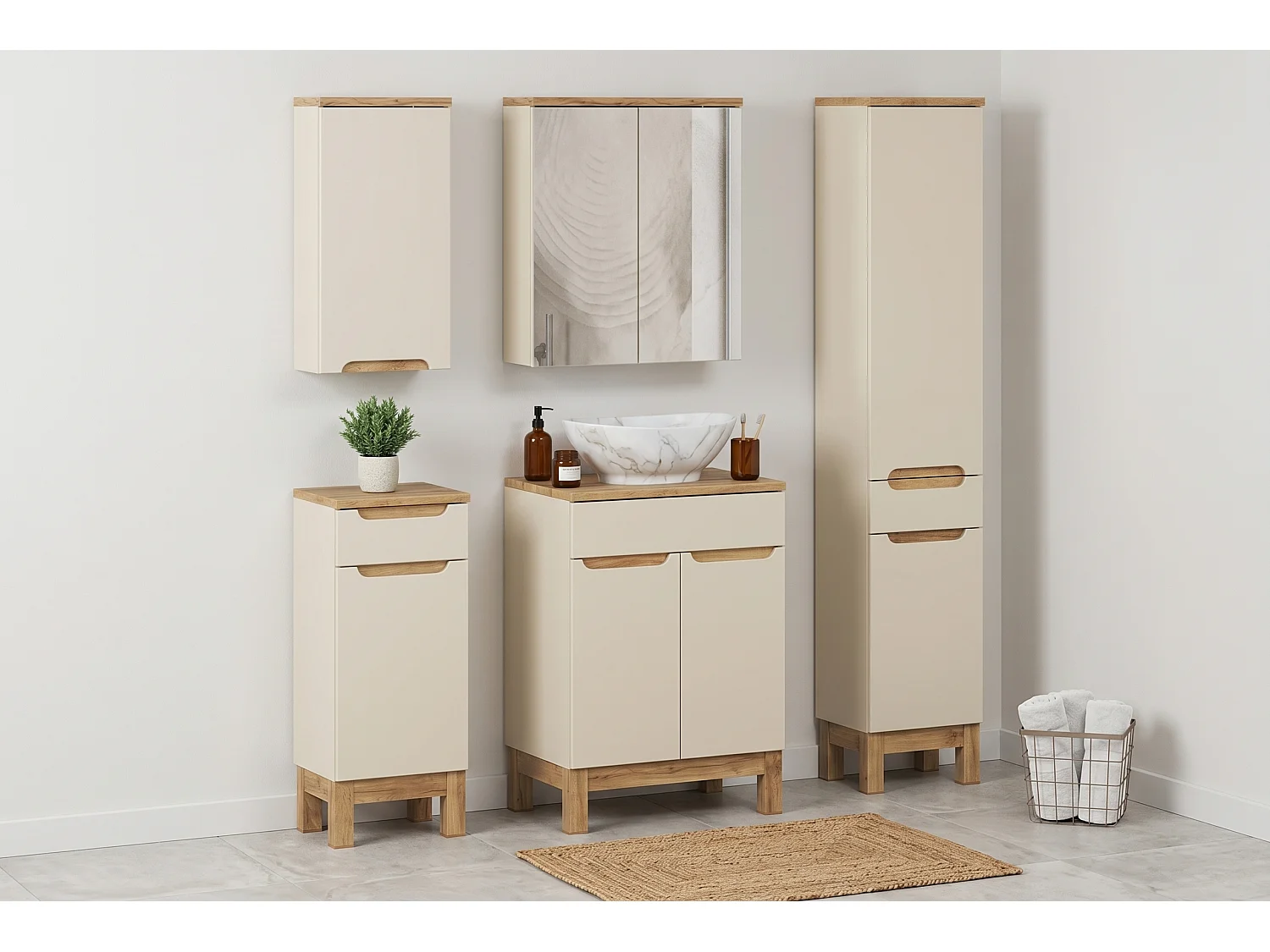 Set di mobili Bali Cashmere 60cm con piano, lavabo da appoggio Pati, armadio alto e armadio con specchio