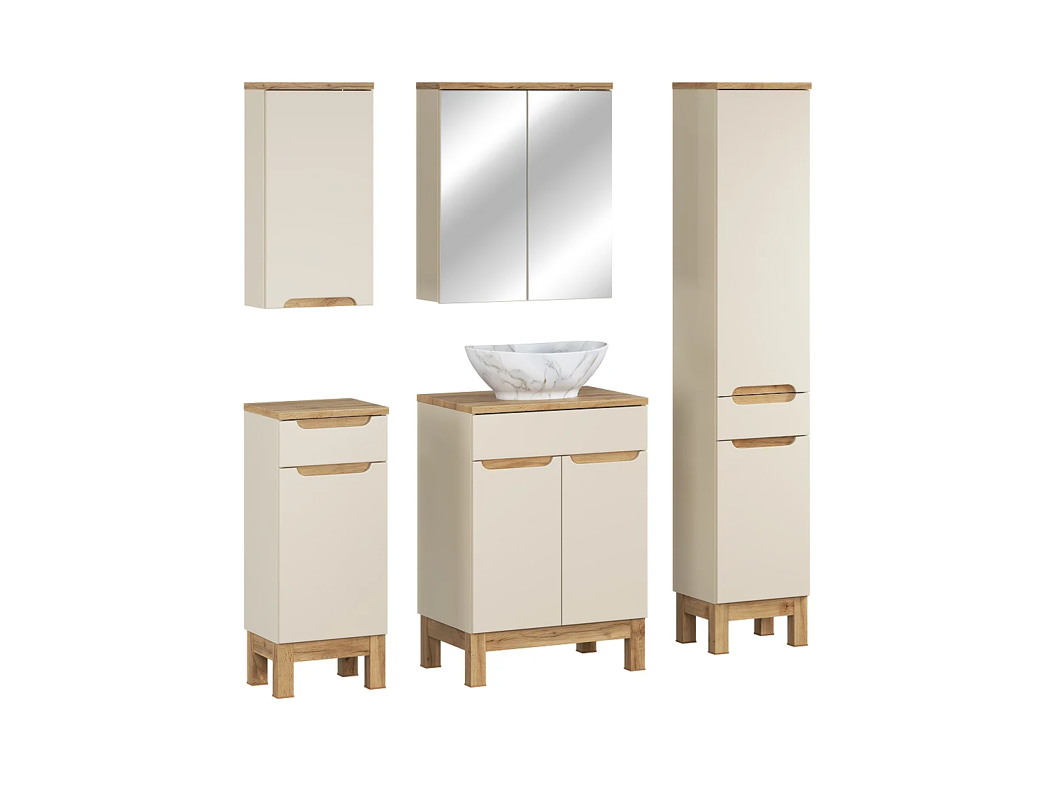 Set di mobili Bali Cashmere 60cm con piano, lavabo da appoggio Pati, armadio alto e armadio con specchio