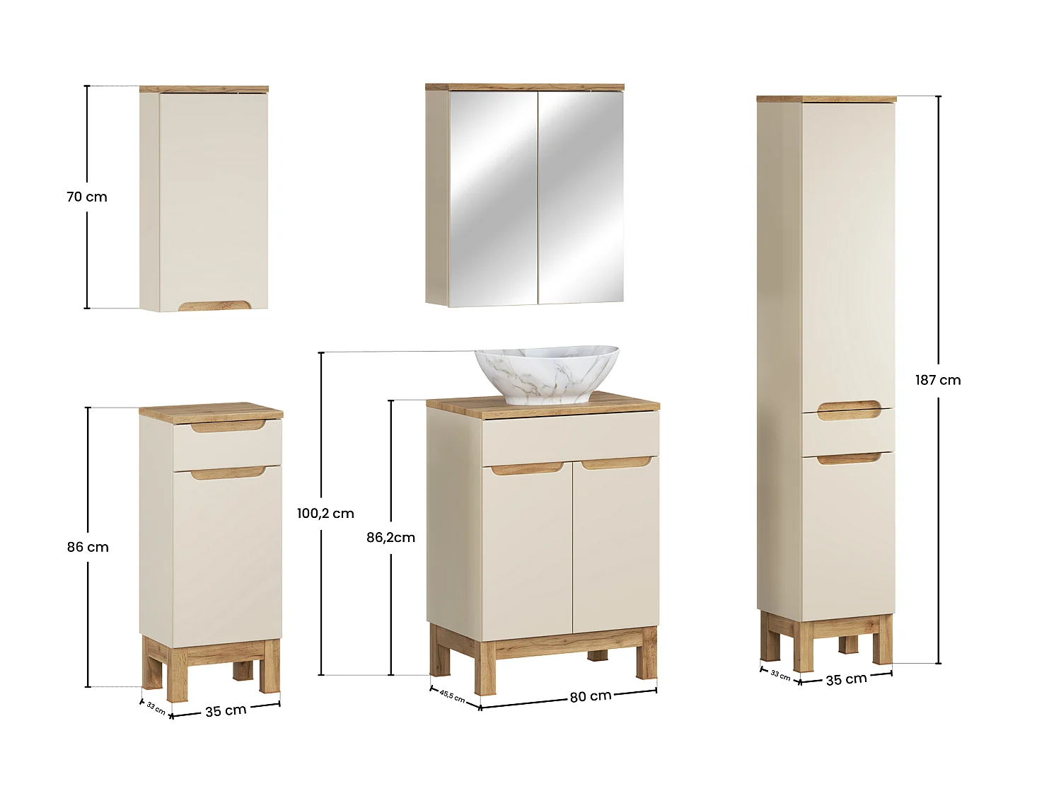 Set di mobili Bali Cashmere 60cm con piano, lavabo da appoggio Pati, armadio alto e armadio con specchio