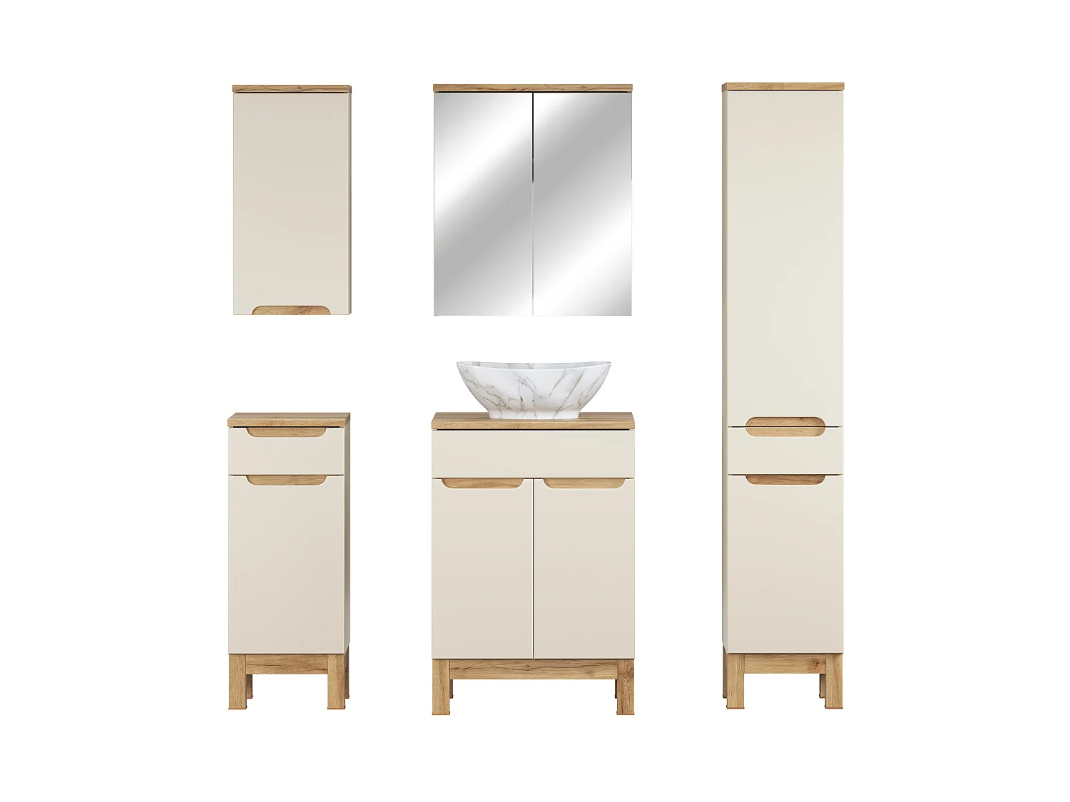 Set di mobili Bali Cashmere 60cm con piano, lavabo da appoggio Pati, armadio alto e armadio con specchio