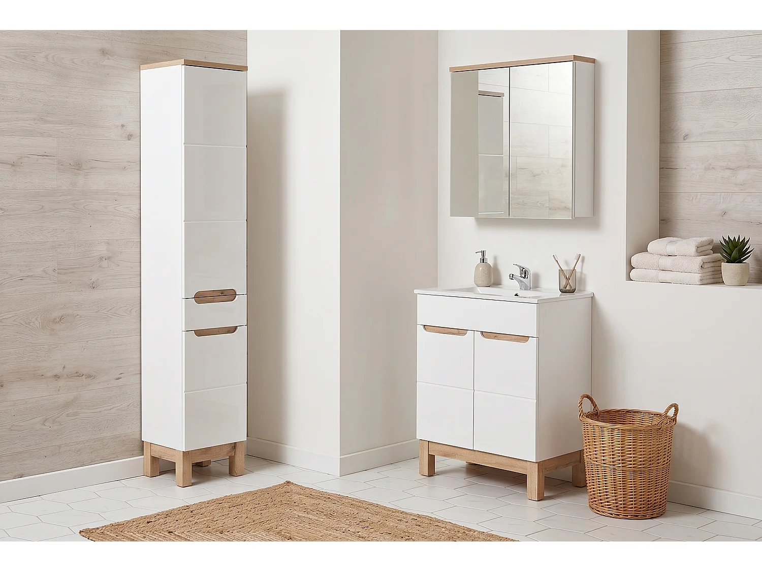 Set bagno Bali White 60cm con lavabo e pensile specchio