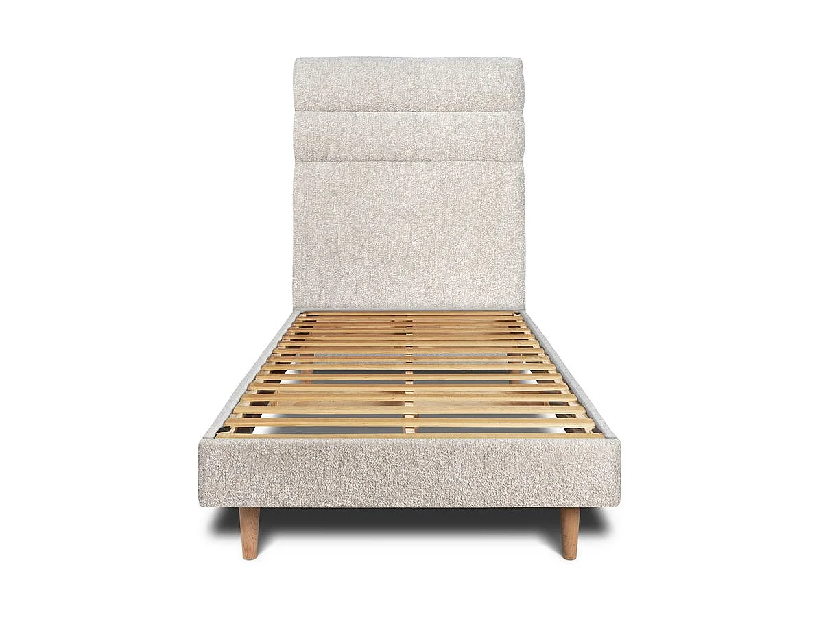 Lit 90x200cm avec tête de lit lignes bouclette et sommier kit Beige - Hauteur totale : 29cm