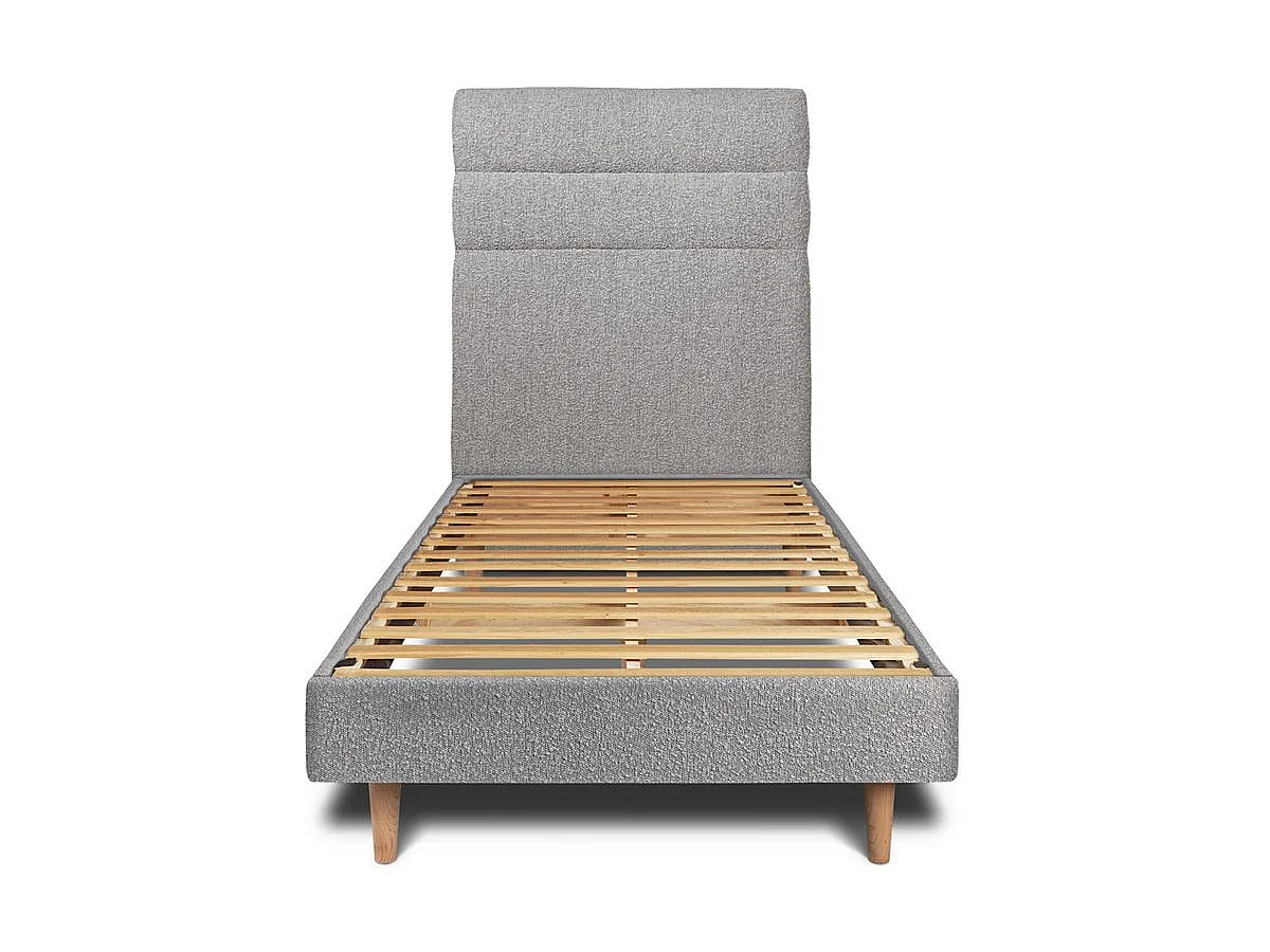 Lit 90x200cm avec tête de lit lignes bouclette et sommier kit Gris - Hauteur totale : 29cm