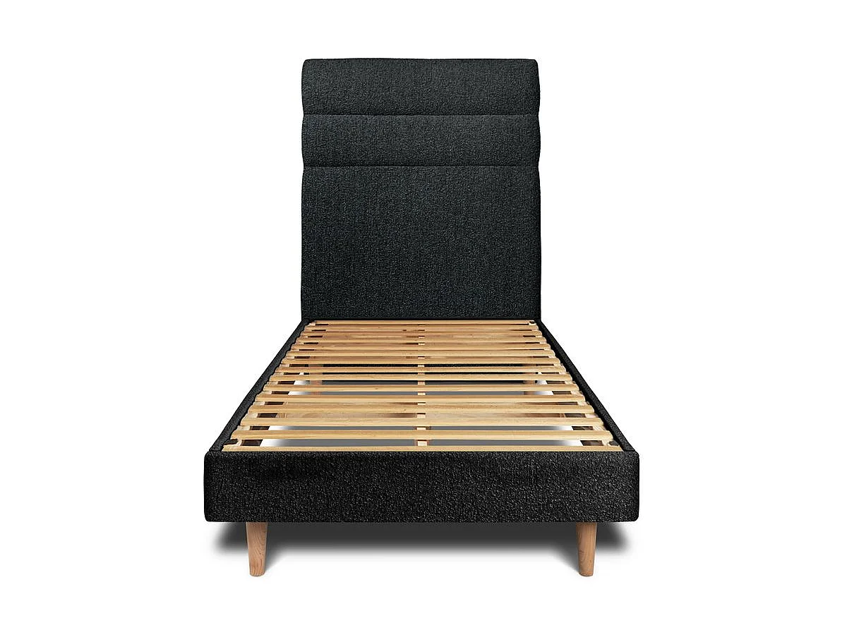 Lit 90x200cm avec tête de lit lignes bouclette et sommier kit Noir - Hauteur totale : 29cm