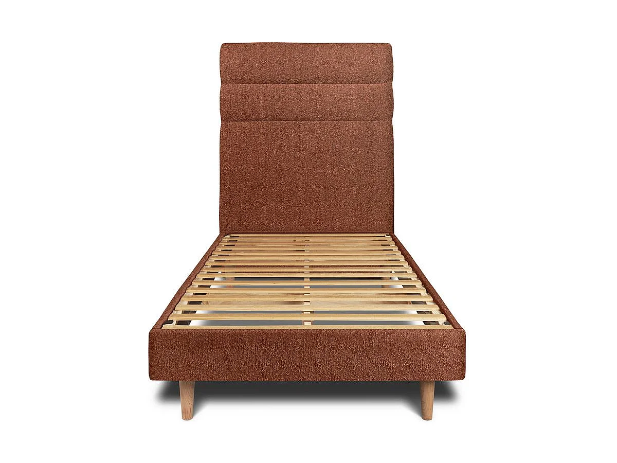 Lit 90x200cm avec tête de lit lignes bouclette et sommier kit Terracotta - Hauteur totale : 29cm