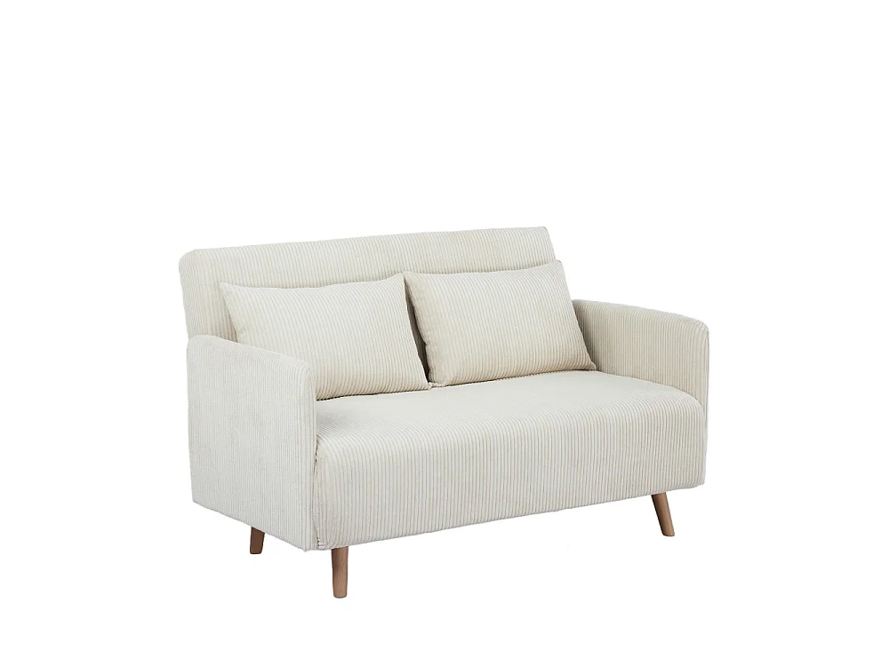 Belushi - Canapé convertible 2 places en velours côtelé pieds bois clair - Beige