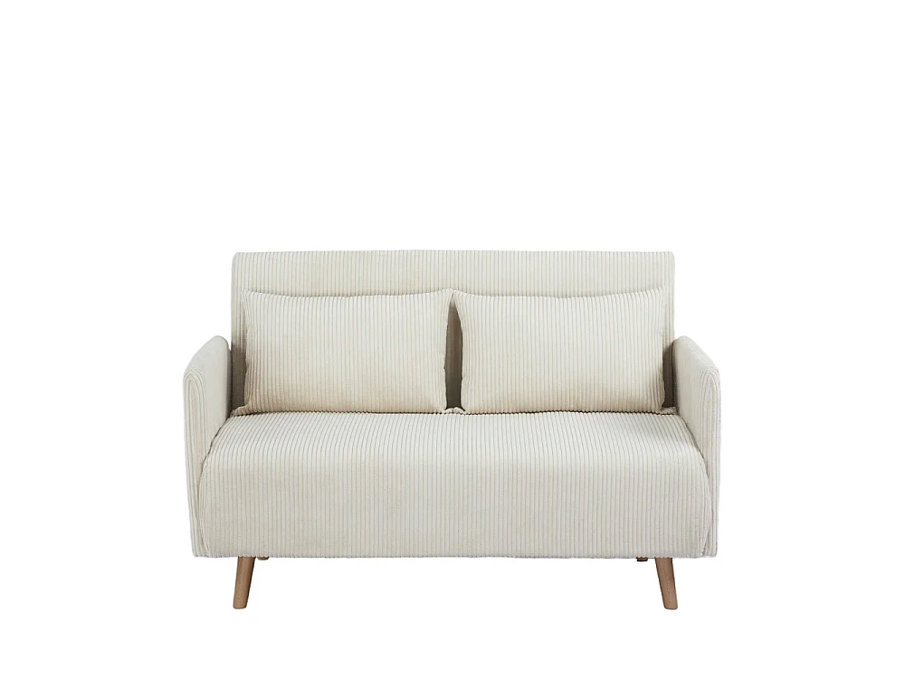 Belushi - Canapé convertible 2 places en velours côtelé pieds bois clair - Beige