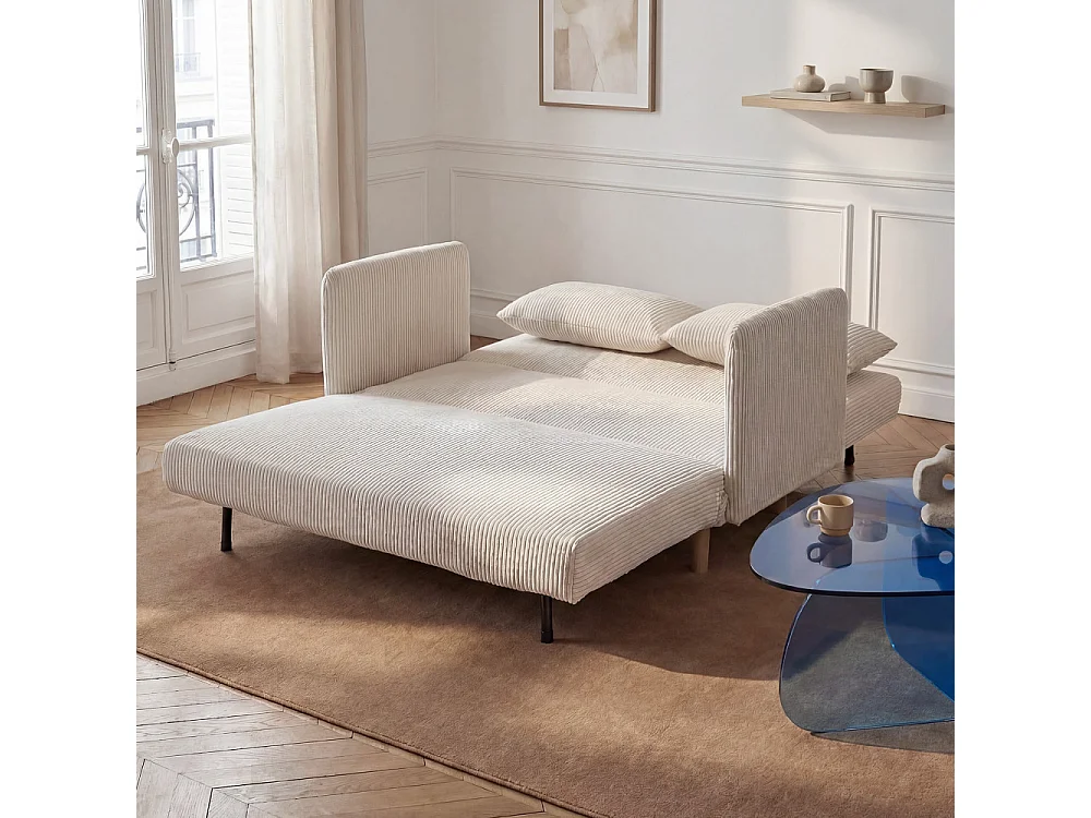 Belushi - Canapé convertible 2 places en velours côtelé pieds bois clair - Beige