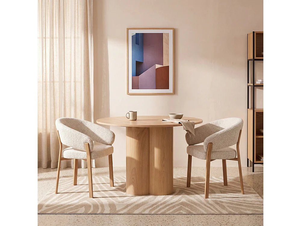 Embo - Lot de 2 fauteuils de table en tissu piètement effet bois clair - Beige chiné