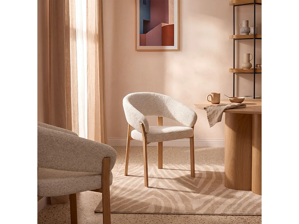 Embo - Lot de 2 fauteuils de table en tissu piètement effet bois clair - Beige chiné