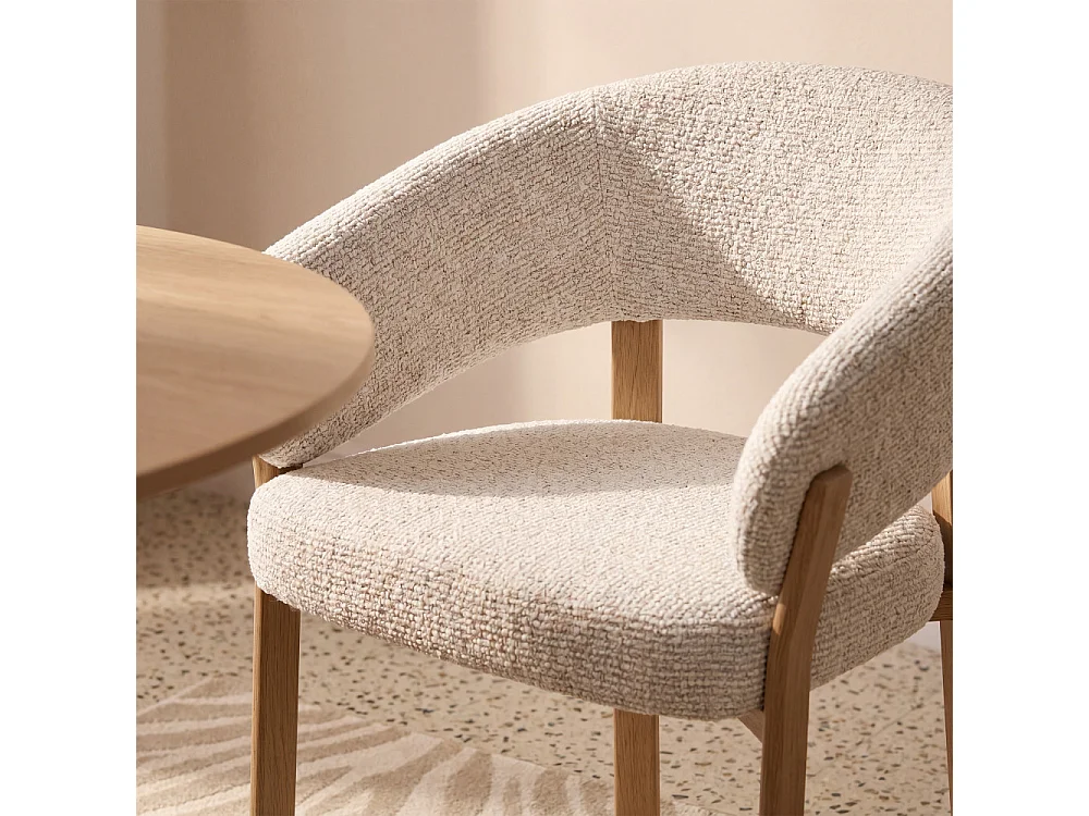 Embo - Lot de 2 fauteuils de table en tissu piètement effet bois clair - Beige chiné