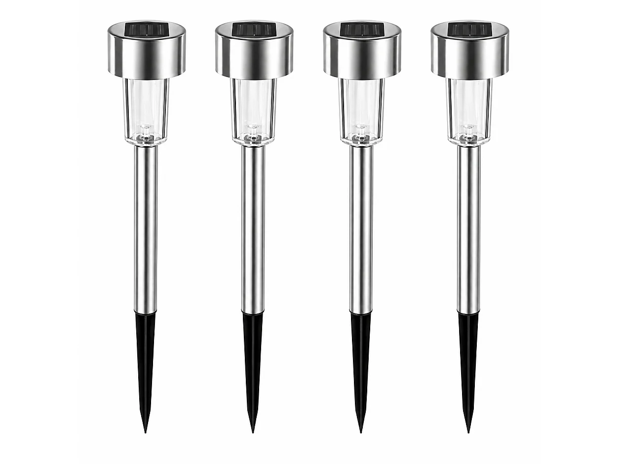 Lot de 4 bornes solaires à planter en acier inoxydable, éclairage LED extérieur-Diamètre 4,5 x Hauteur 36,5 cm