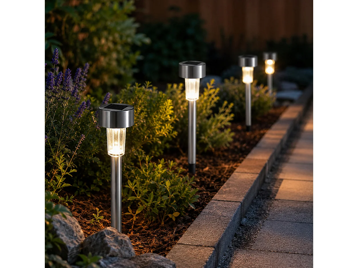 Lot de 4 bornes solaires à planter en acier inoxydable, éclairage LED extérieur-Diamètre 4,5 x Hauteur 36,5 cm