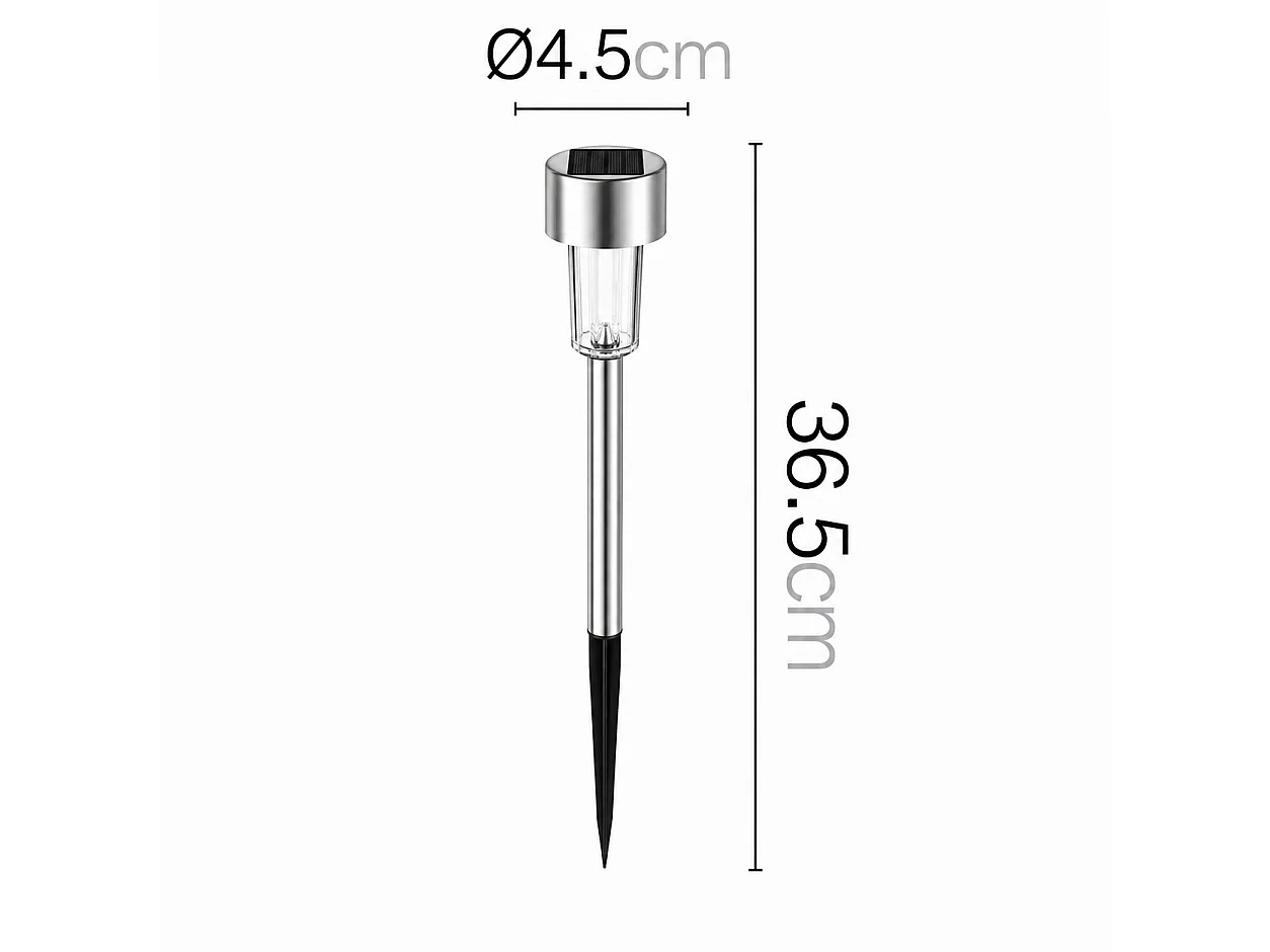 Lot de 4 bornes solaires à planter en acier inoxydable, éclairage LED extérieur-Diamètre 4,5 x Hauteur 36,5 cm