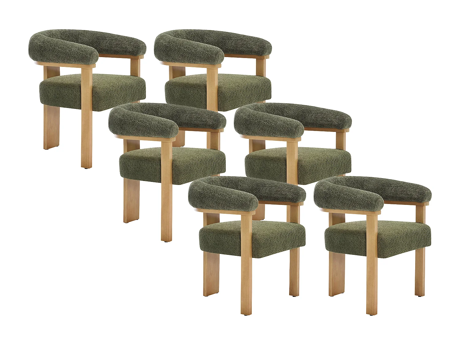 Lot de 6 chaises avec accoudoirs en tissu bouclette et bois d'hévéa naturel - Kaki - LIVELIA