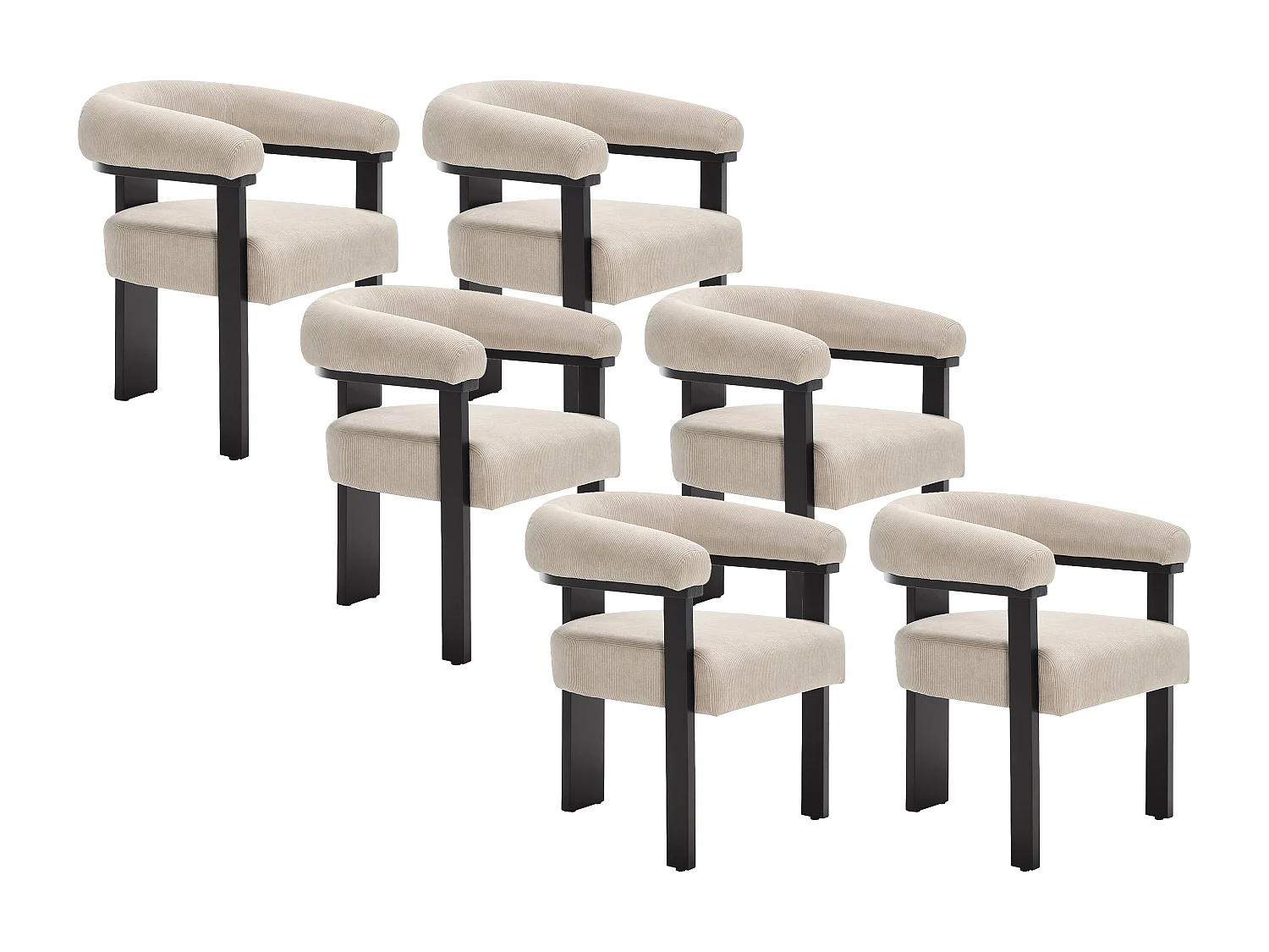Lot de 6 chaises avec accoudoirs en velours côtelé et bois d'hévéa noir - Beige - LIVELIA