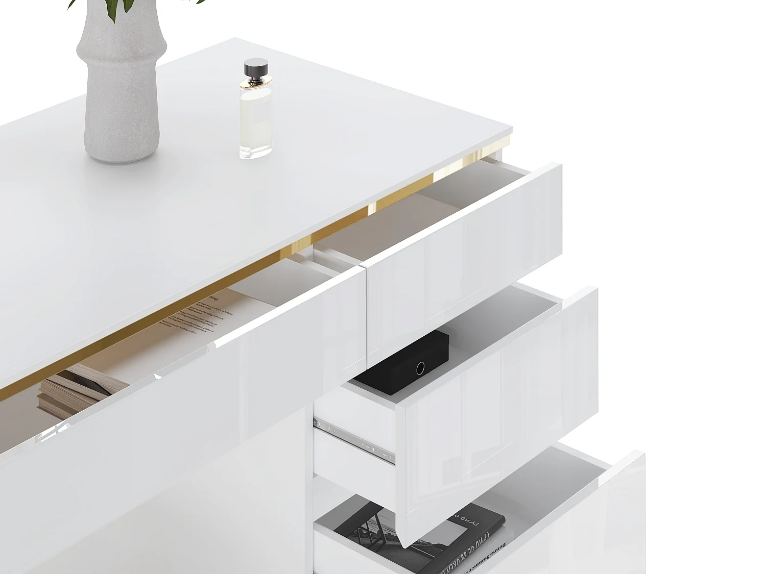 Coiffeuse avec miroir à LEDs - 9 tiroirs - Blanc et doré - VUKIA