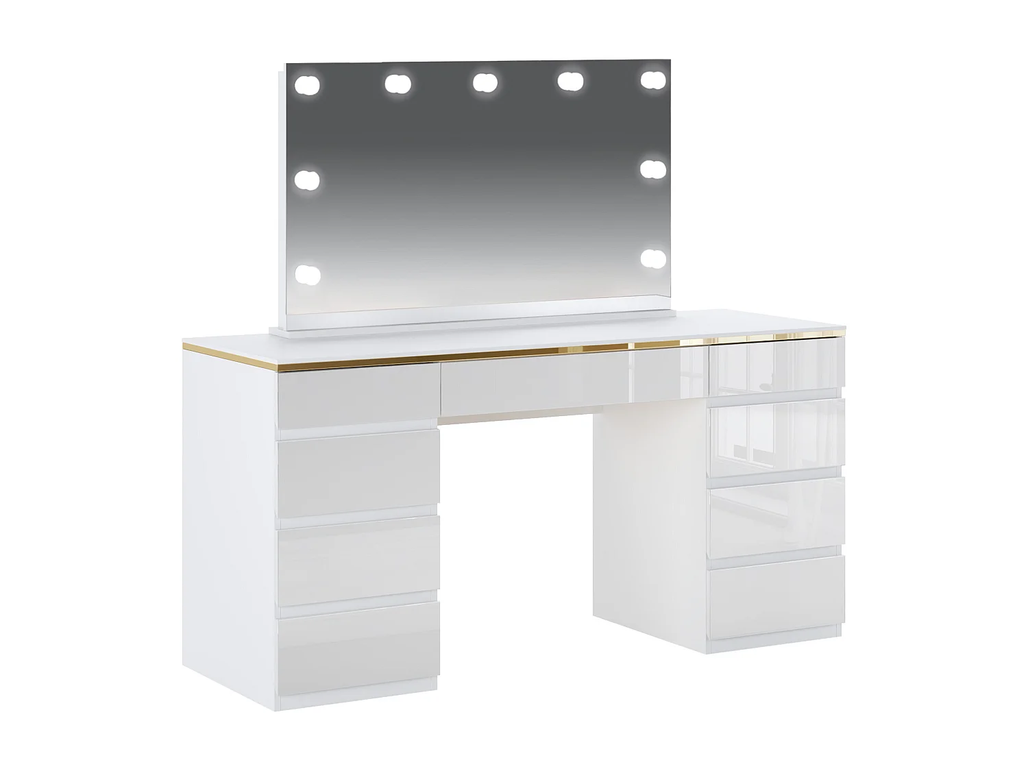 Coiffeuse avec miroir à LEDs - 9 tiroirs - Blanc et doré - VUKIA