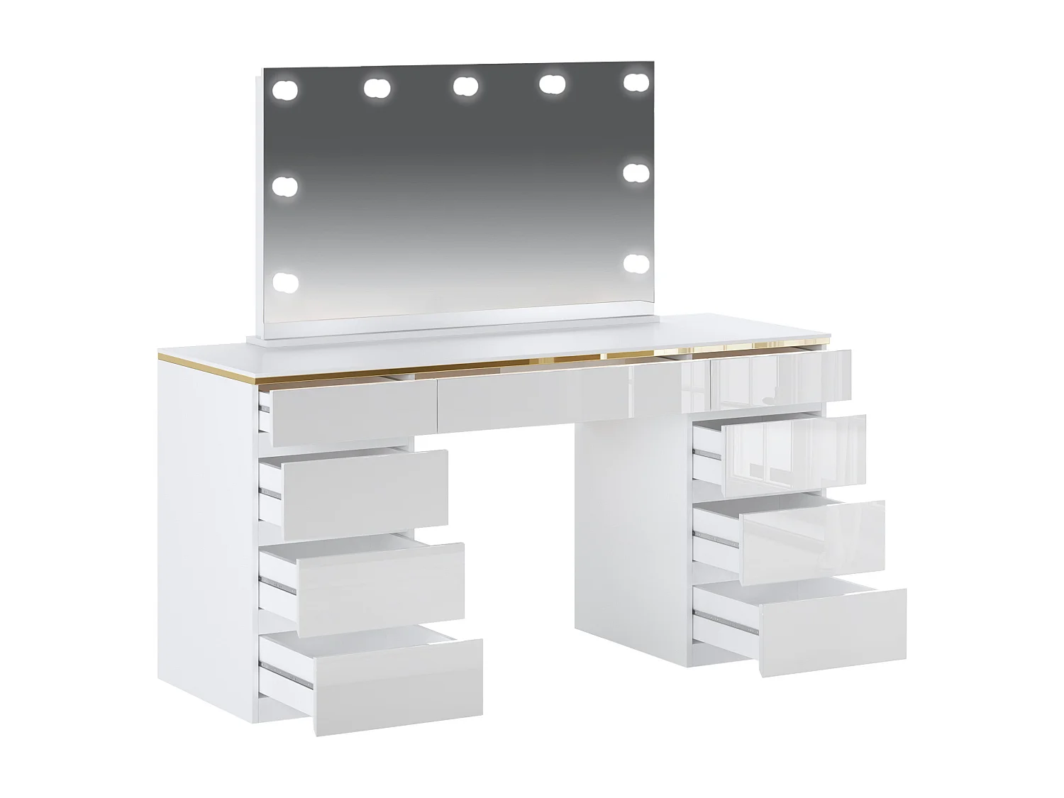 Coiffeuse avec miroir à LEDs - 9 tiroirs - Blanc et doré - VUKIA
