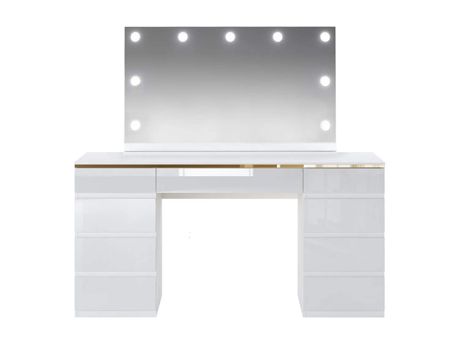 Coiffeuse avec miroir à LEDs - 9 tiroirs - Blanc et doré - VUKIA
