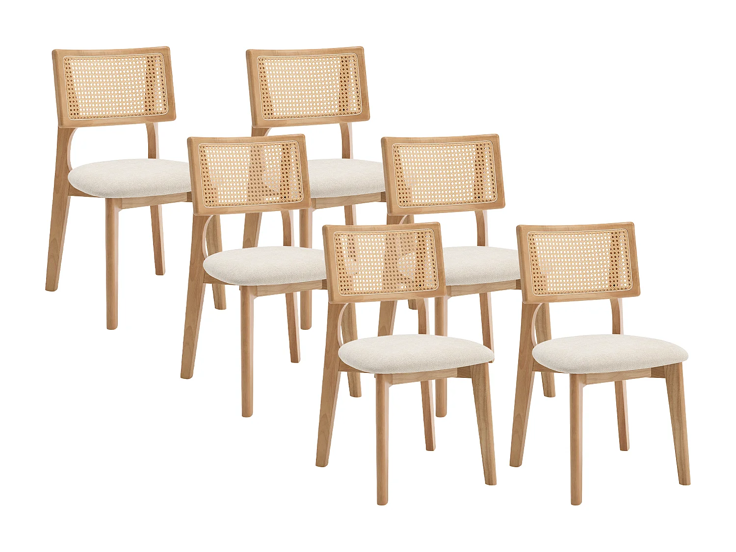 Lot de 6 chaises en tissu texturé, effet rotin et bois d'hévéa - Crème - CALENYA
