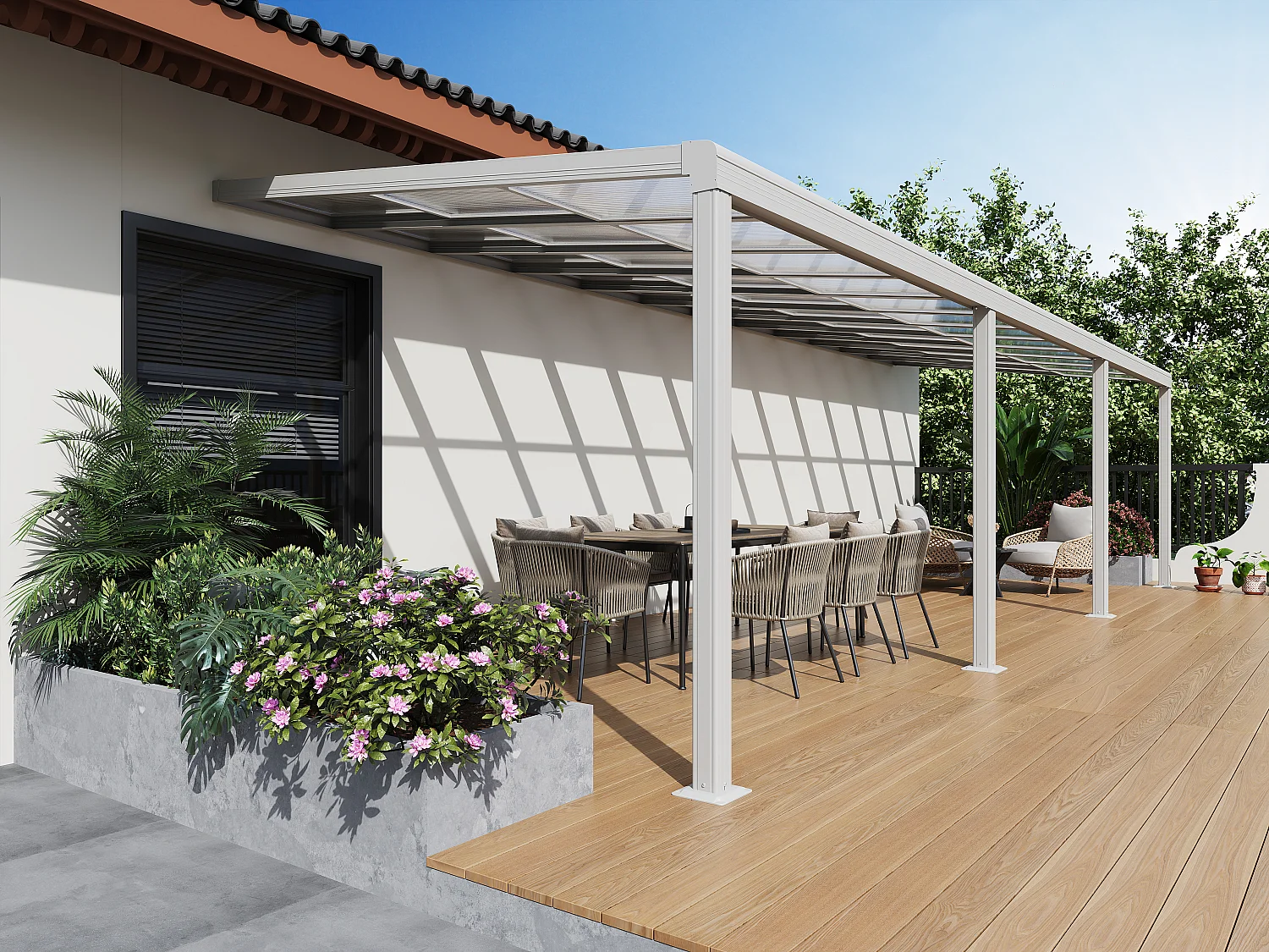 Pergola adossée en aluminium avec toit coulissant - 27 m² - blanc - IZEDA
