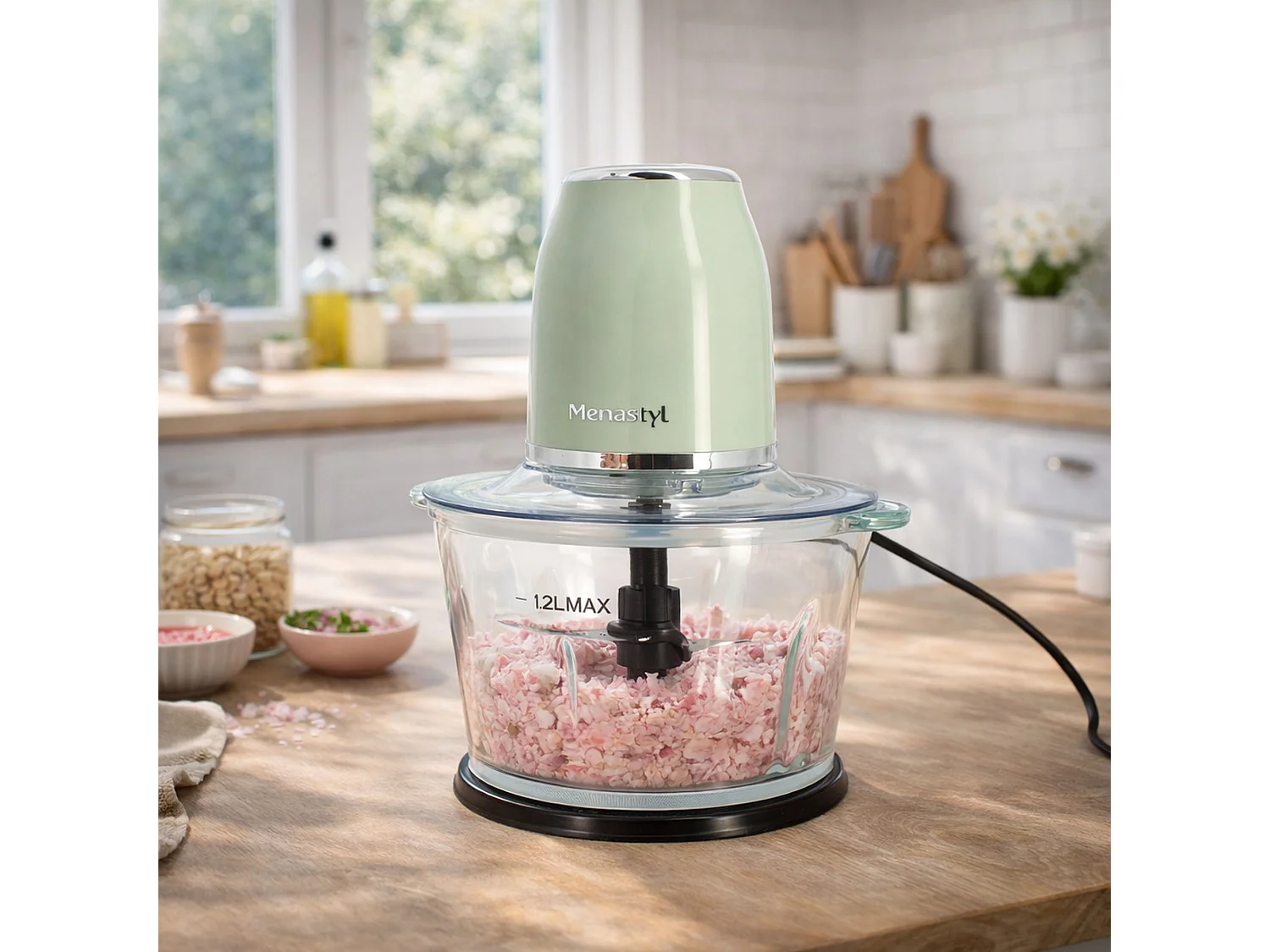 Menastyl - Hachoir Retro 1.2l En Plastique Celadon Et Contenant En Verre