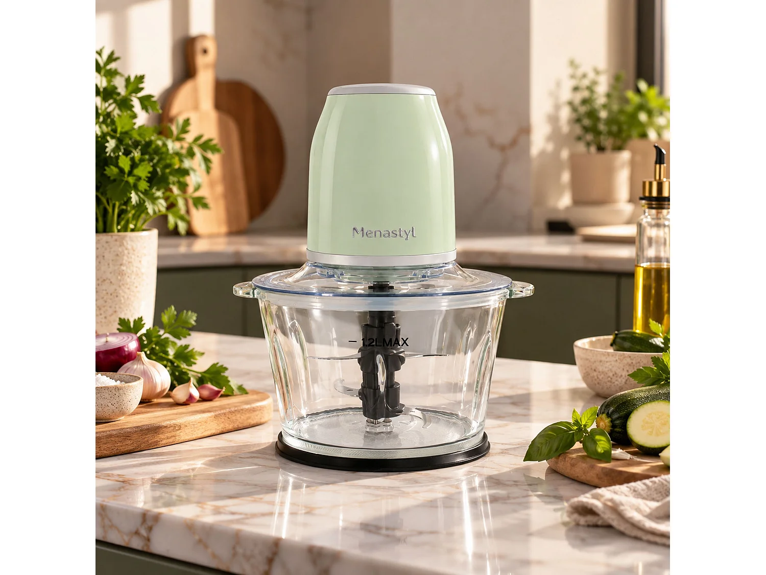 Menastyl - Hachoir Retro 1.2l En Plastique Céladon Et Contenant En Verre