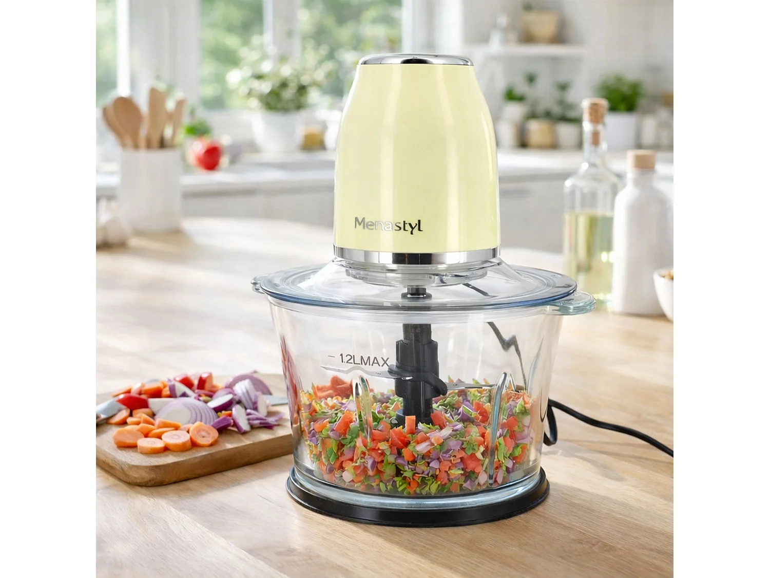 Menastyl - Hachoir Retro 1.2l En Plastique Crème Et Contenant En Verre