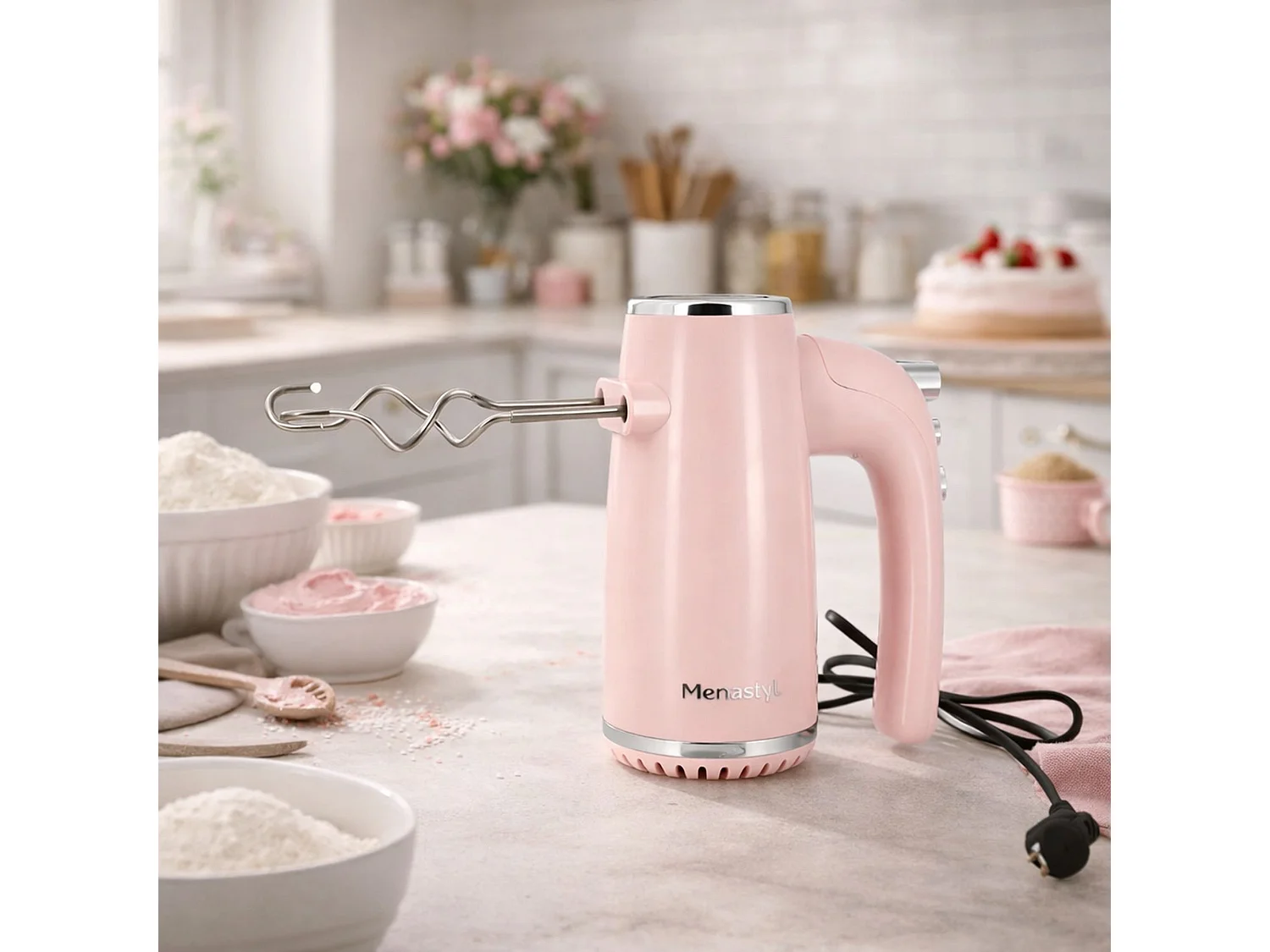 Menastyl - Batteur électrique Retro En Plastique Et Acier Inoxydable Rose