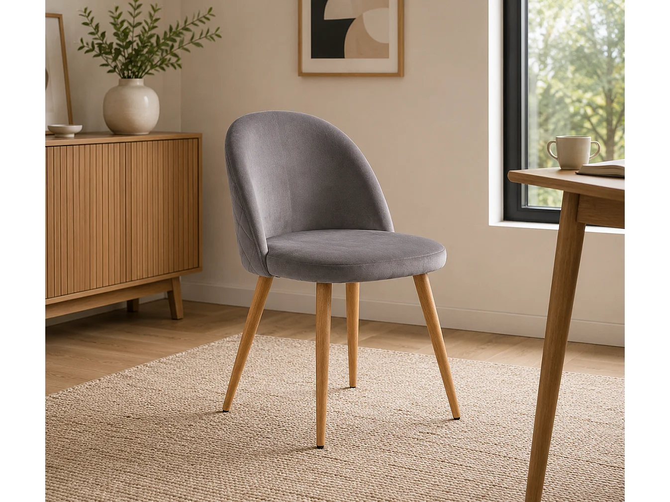 Chaise Gina en tissu velour gris anthracite avec pieds en bois