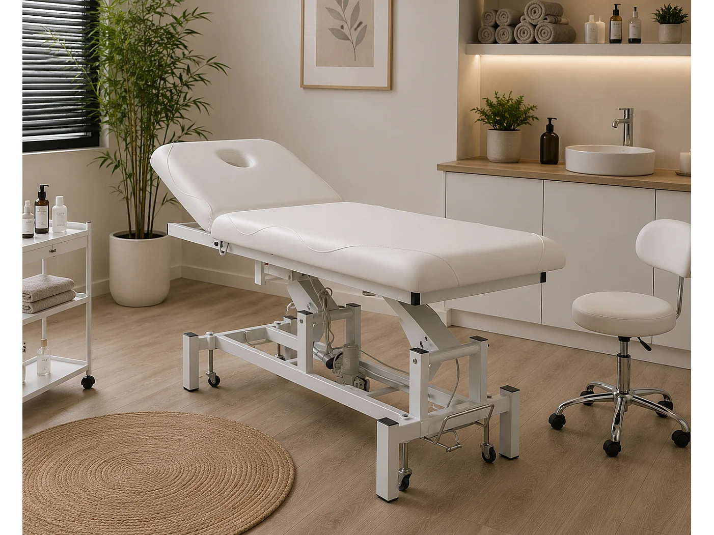 Table de soin électrique professionnelle blanche avec hauteur réglable