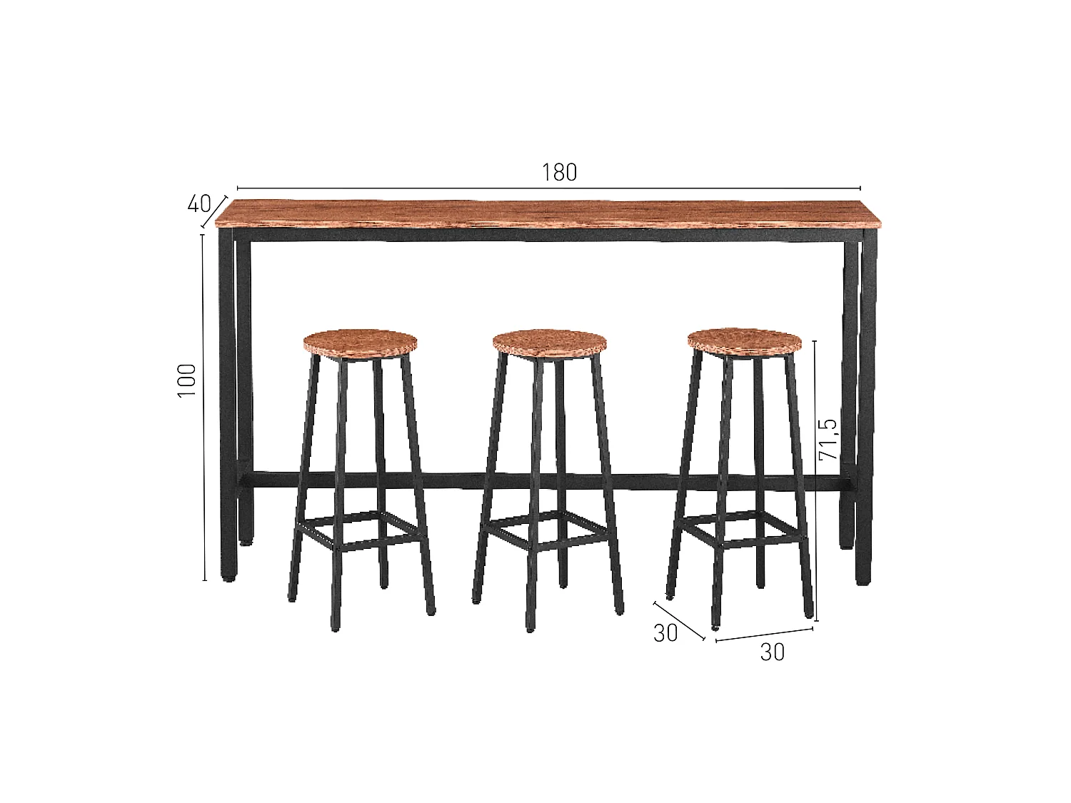 Ensemble bar La Roche avec table haute 100 cm et 3 tabourets en bois naturel et métal noir