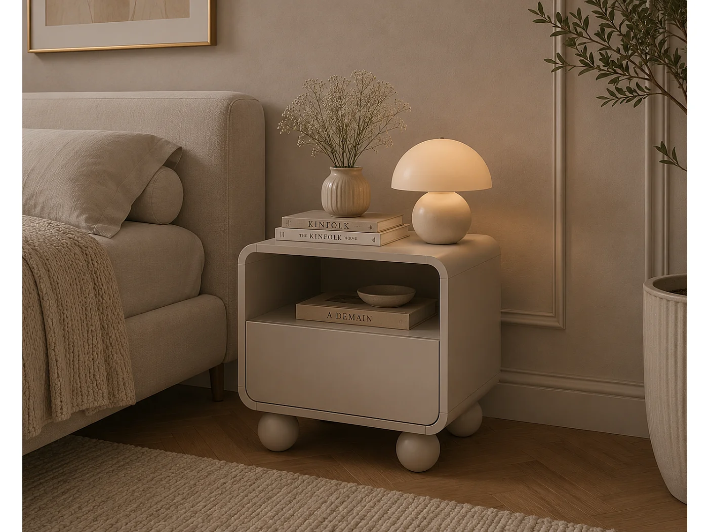 Nachttisch in Kaschmirfarbe mit Schublade – Modernes Design, kugelförmige Beine, 55 x 50 x 39 cm