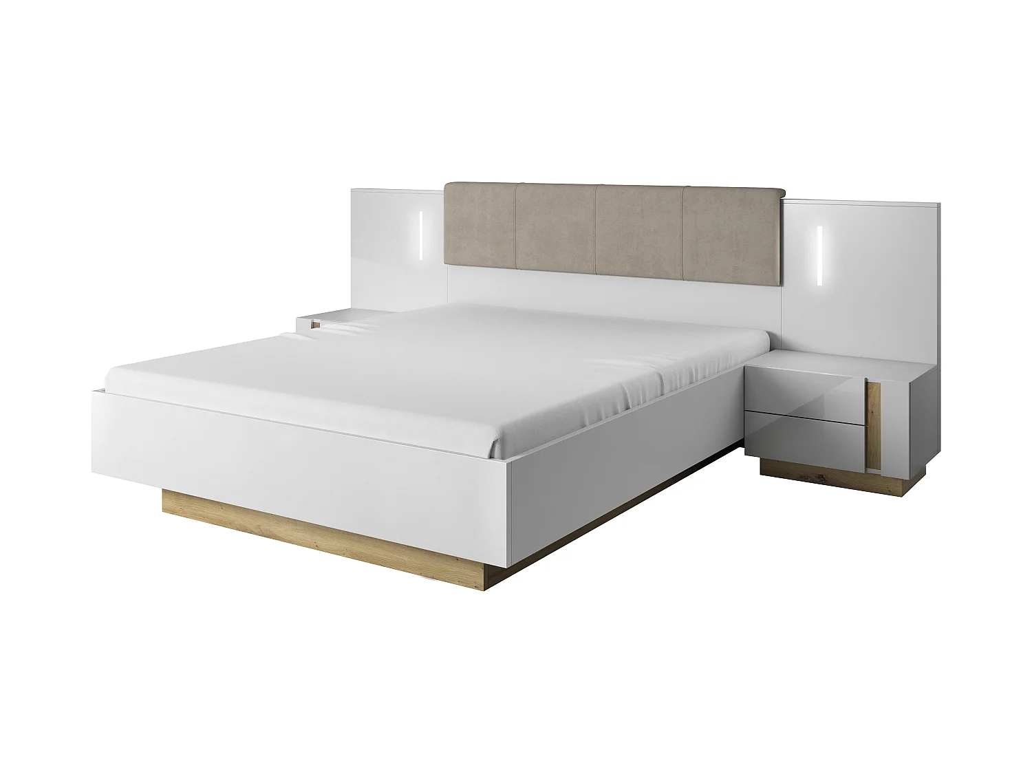 Tables de chevet (lot de 2), Blanc + Blanc brillant + Chêne Grandson, 120 x 102 x 46 cm