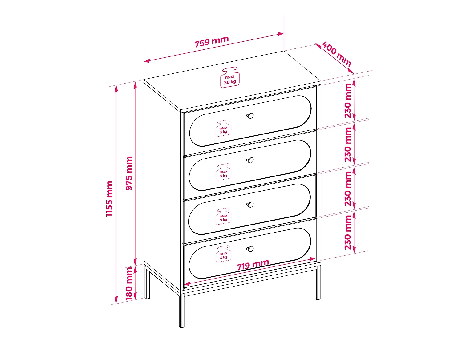 Commode 4 tiroirs, Cachemire, 75,9 x 40 x 115,5 cm
