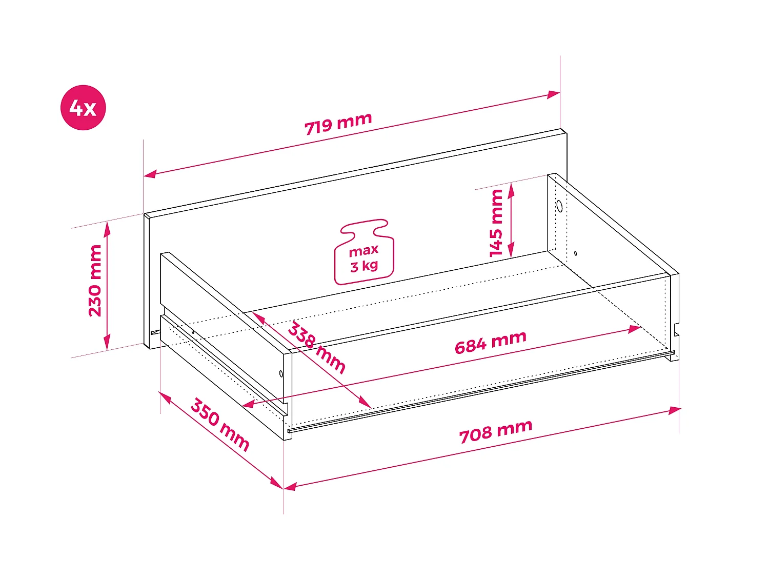 Commode 4 tiroirs, Cachemire, 75,9 x 40 x 115,5 cm