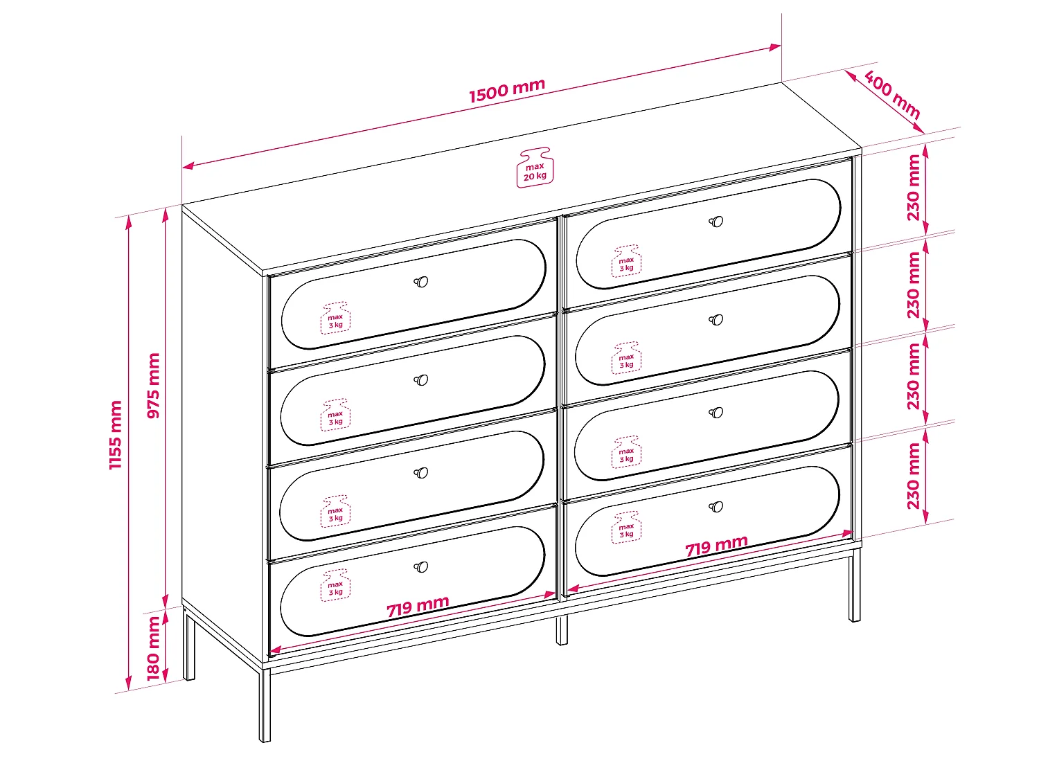 Commode 8 tiroirs, Cachemire, 150 x 40 x 115,5 cm